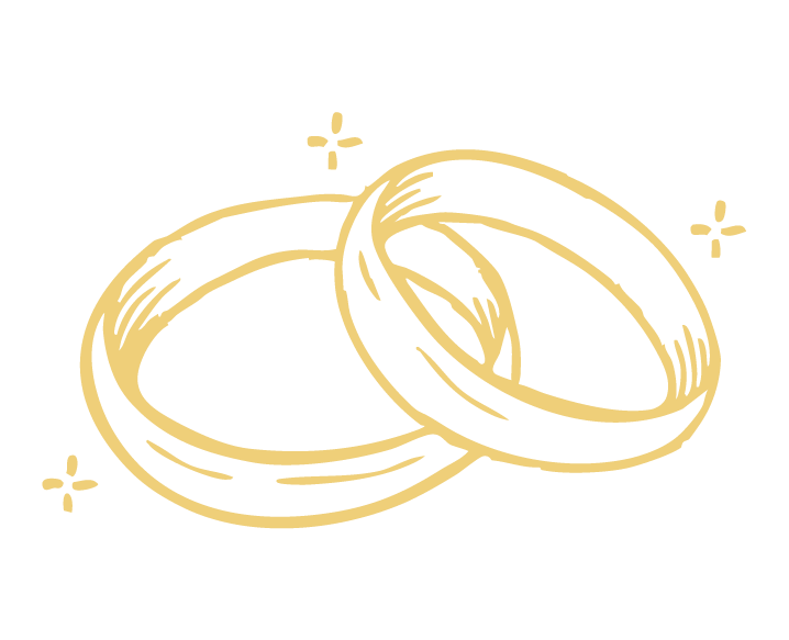 Gold outline drawing of two wedding rings with decorative sparkles on a black background.