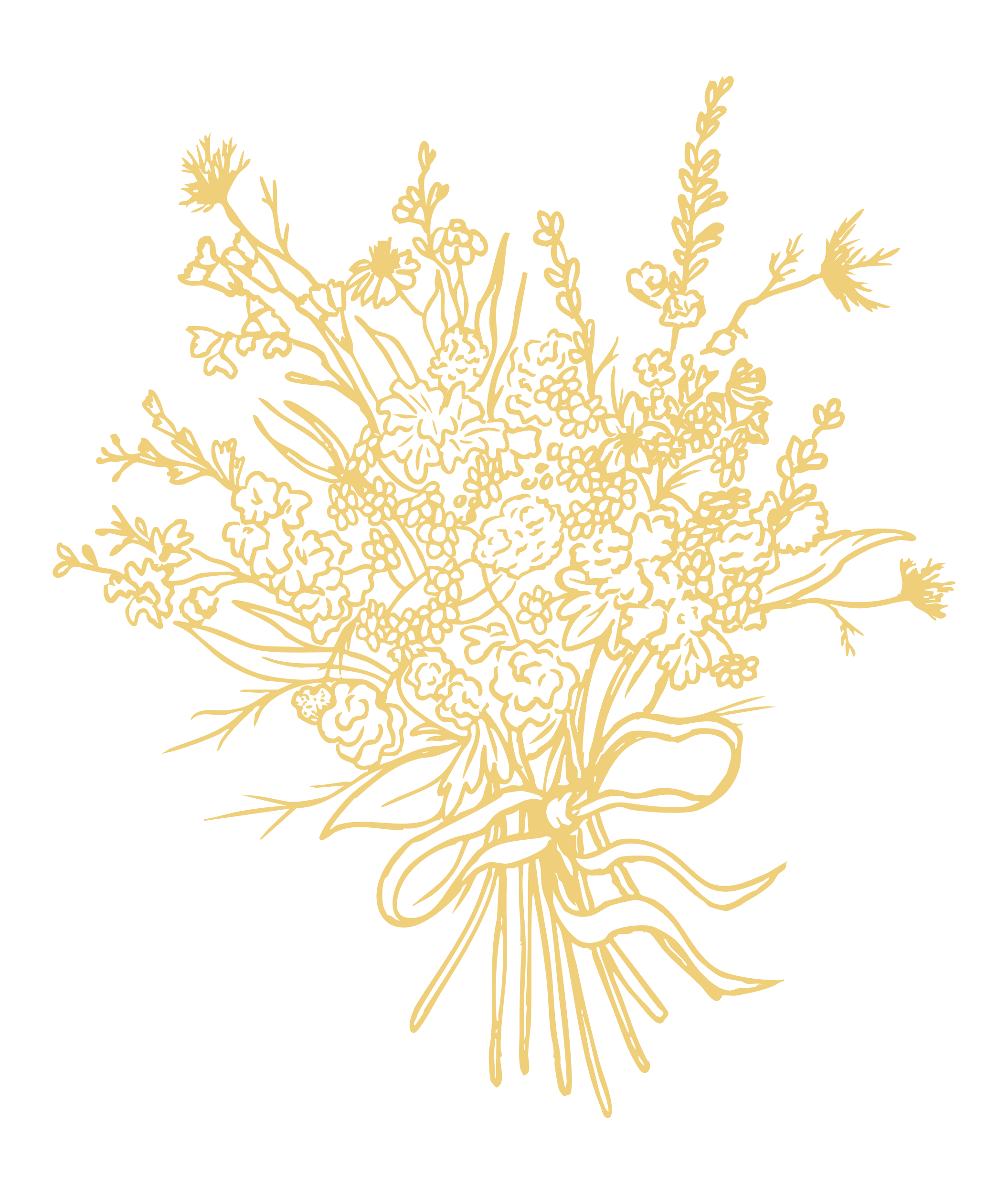 Gold illustration of a bouquet of various flowers tied together with a ribbon on a black background.