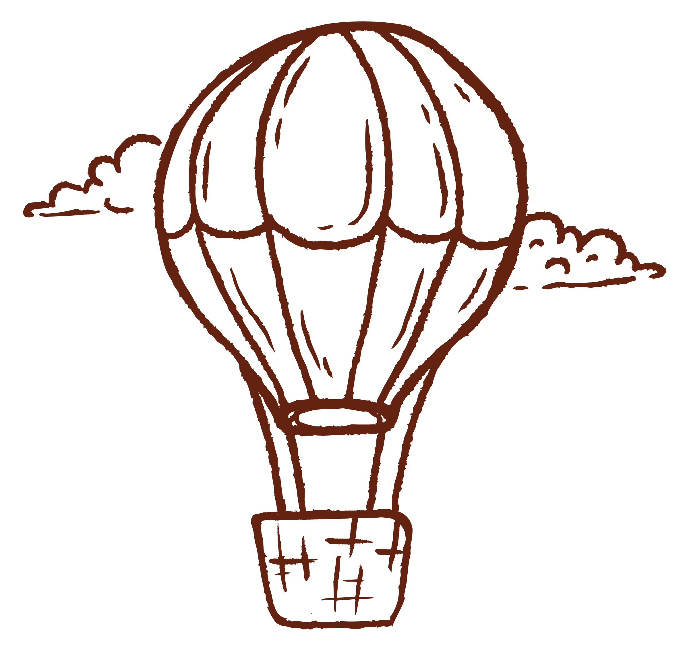 A simple line drawing of a hot air balloon with clouds in the background on a black background.