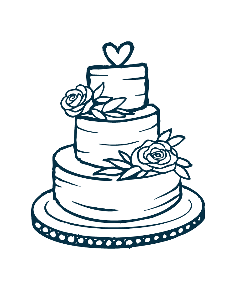 Line drawing of a three-tiered wedding cake decorated with roses and leaves, topped with a heart.