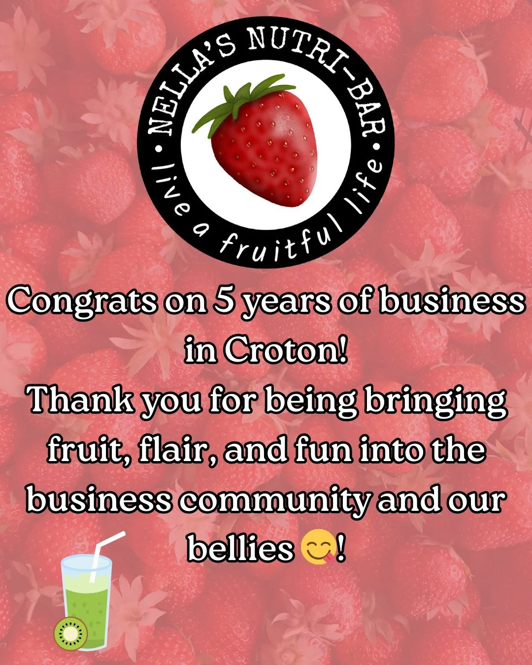 Congratulations @nellasnutribar  for 5 fantastic years in business in Croton! We're so happy to have you here 🧋 Stop by Nella's today and give Kristi and her crew some love!