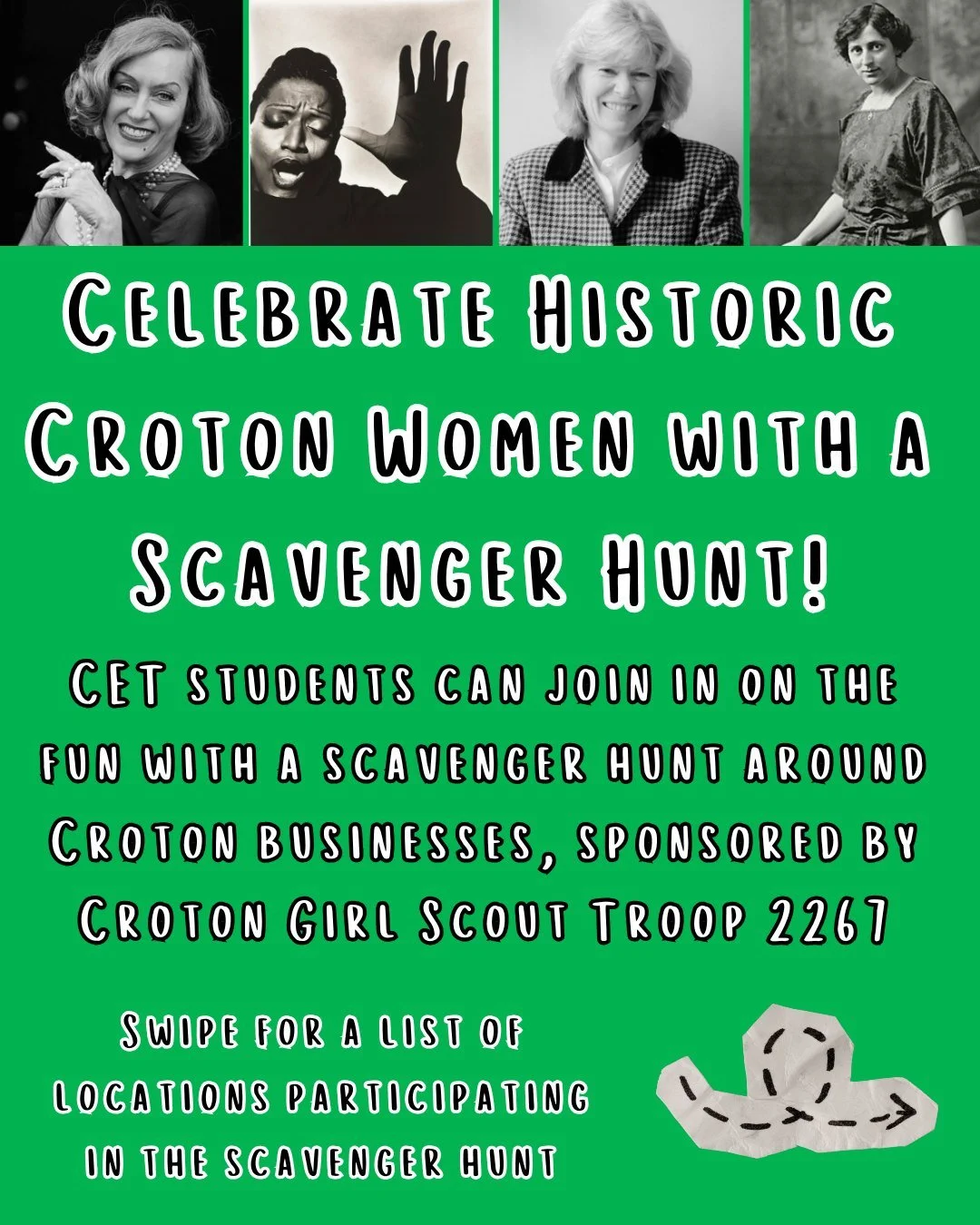 Celebrate Historic Croton Women with a Scavenger Hunt, presented by Girl Scout Troop 2267!
CET students can join in on the fun with a scavenger hunt around Croton businesses, sponsored by Croton Girl Scout Troop 2267 🍪 Visit participating businesses