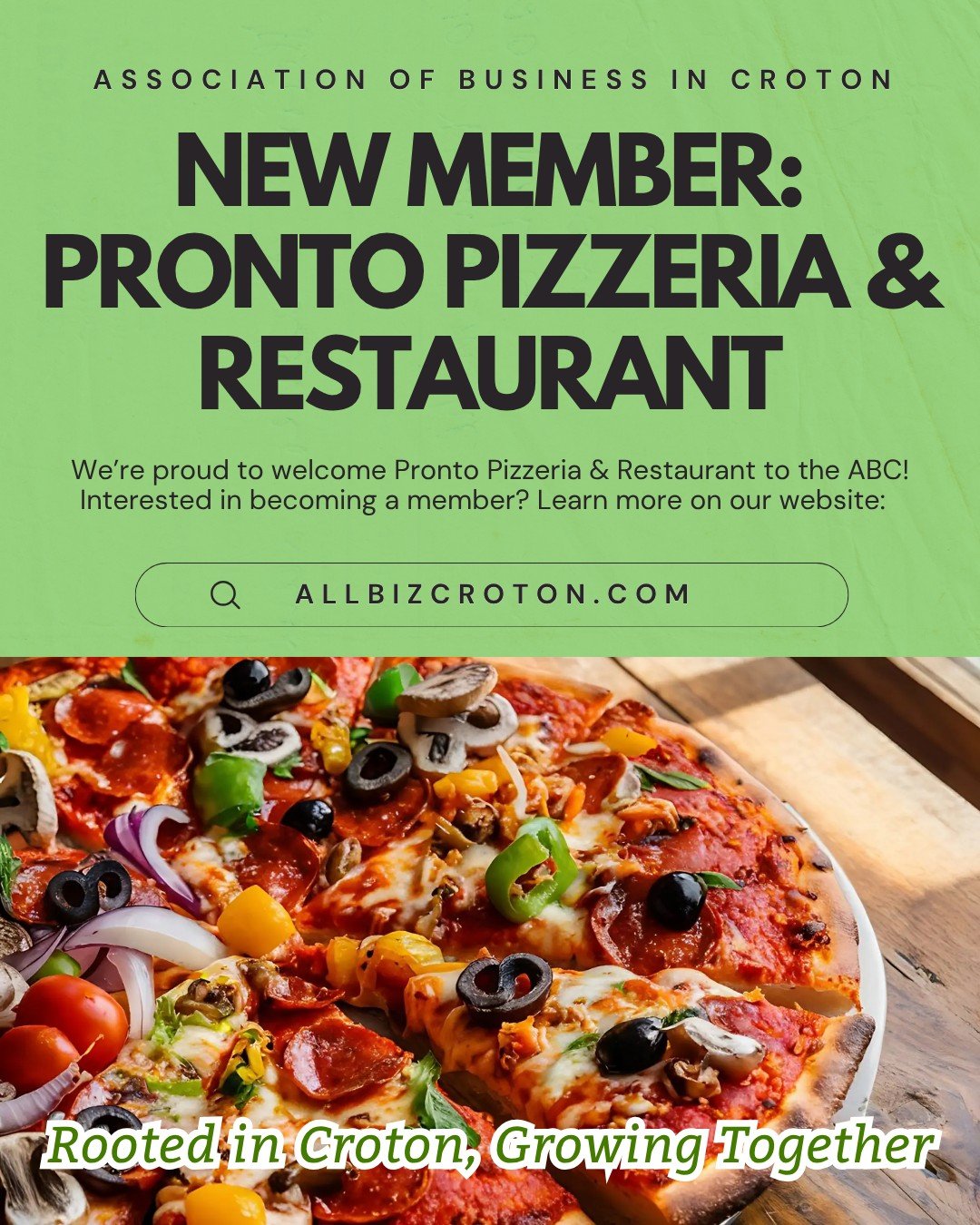 We're proud to welcome Pronto Pizzeria &amp; Restaurant to the ABC 🍕Interested in learning more about the ABC and becoming a member? Find out more information on our website, https://www.allbizcroton.com/ 
@prontobrickoven
