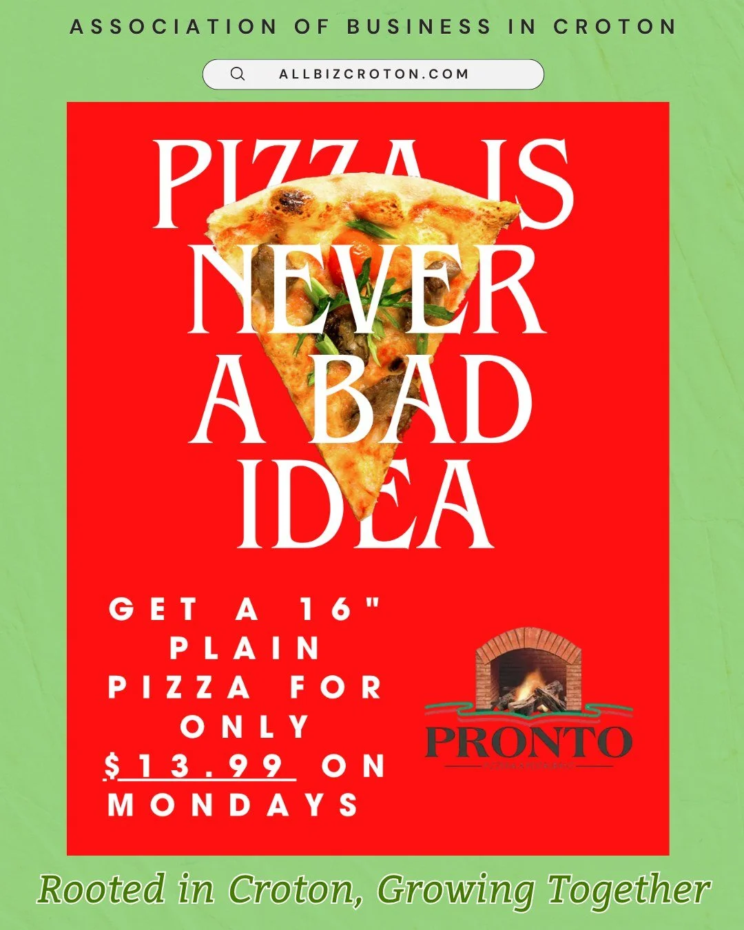 Pizza is never a bad idea 🍕 Get a large plain pizza from @prontobrickoven  every Monday for a discount!
#westchesterfoodie #pizza #shopsmall #supportlocalbusinesses