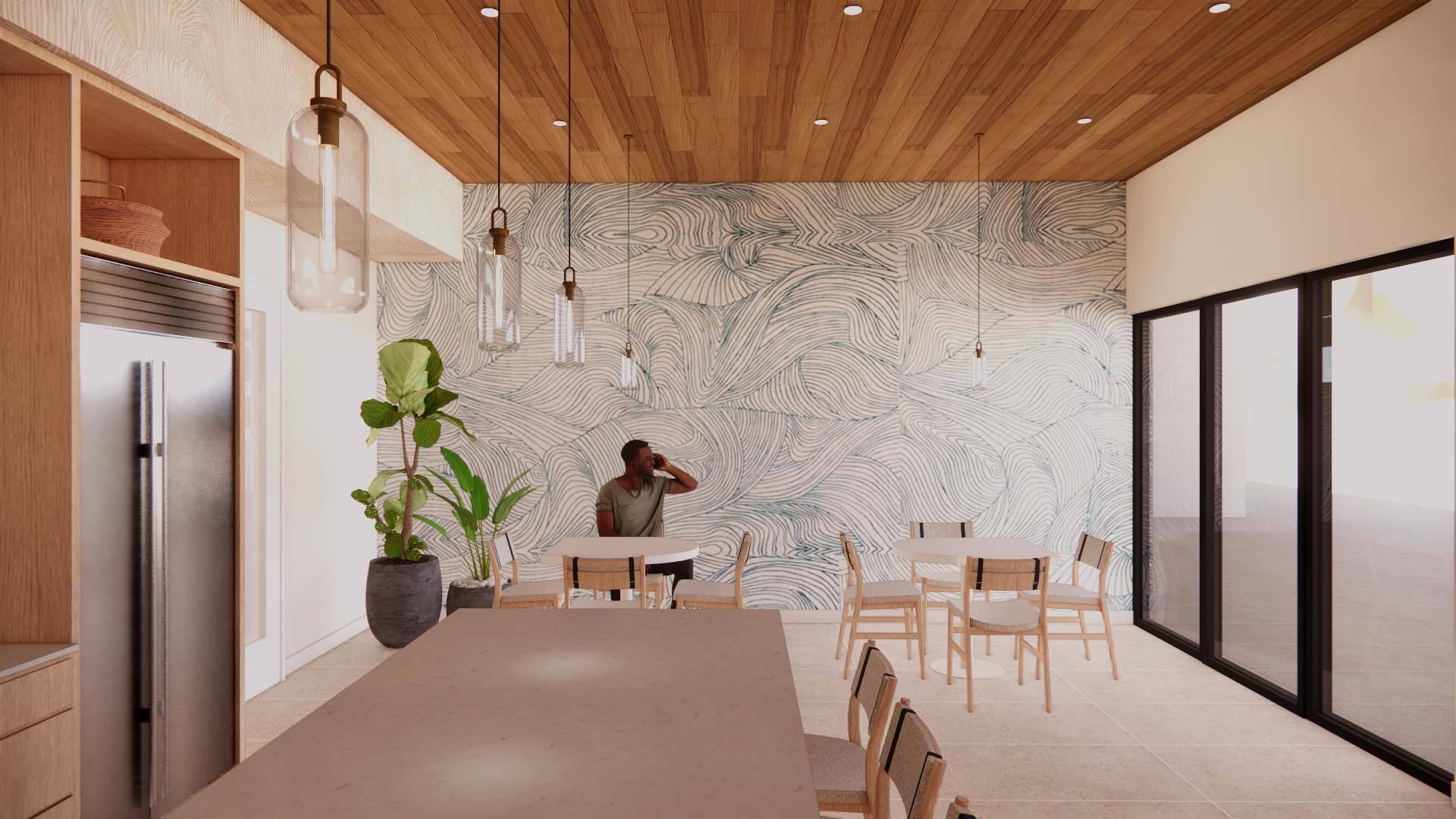Modern dining area with wooden ceiling, hanging pendant lights, and a large abstract wall art. Contains a man sitting at a round table, a potted plant, and a sliding glass door leading outside.