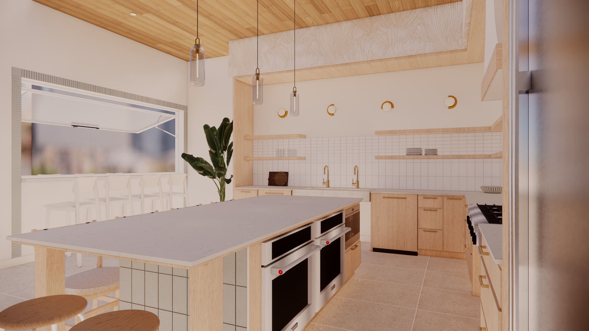 Modern kitchen with light wood cabinetry, a large central island, pendant lighting, and a large window with bar stools. There are plants and minimal decor.