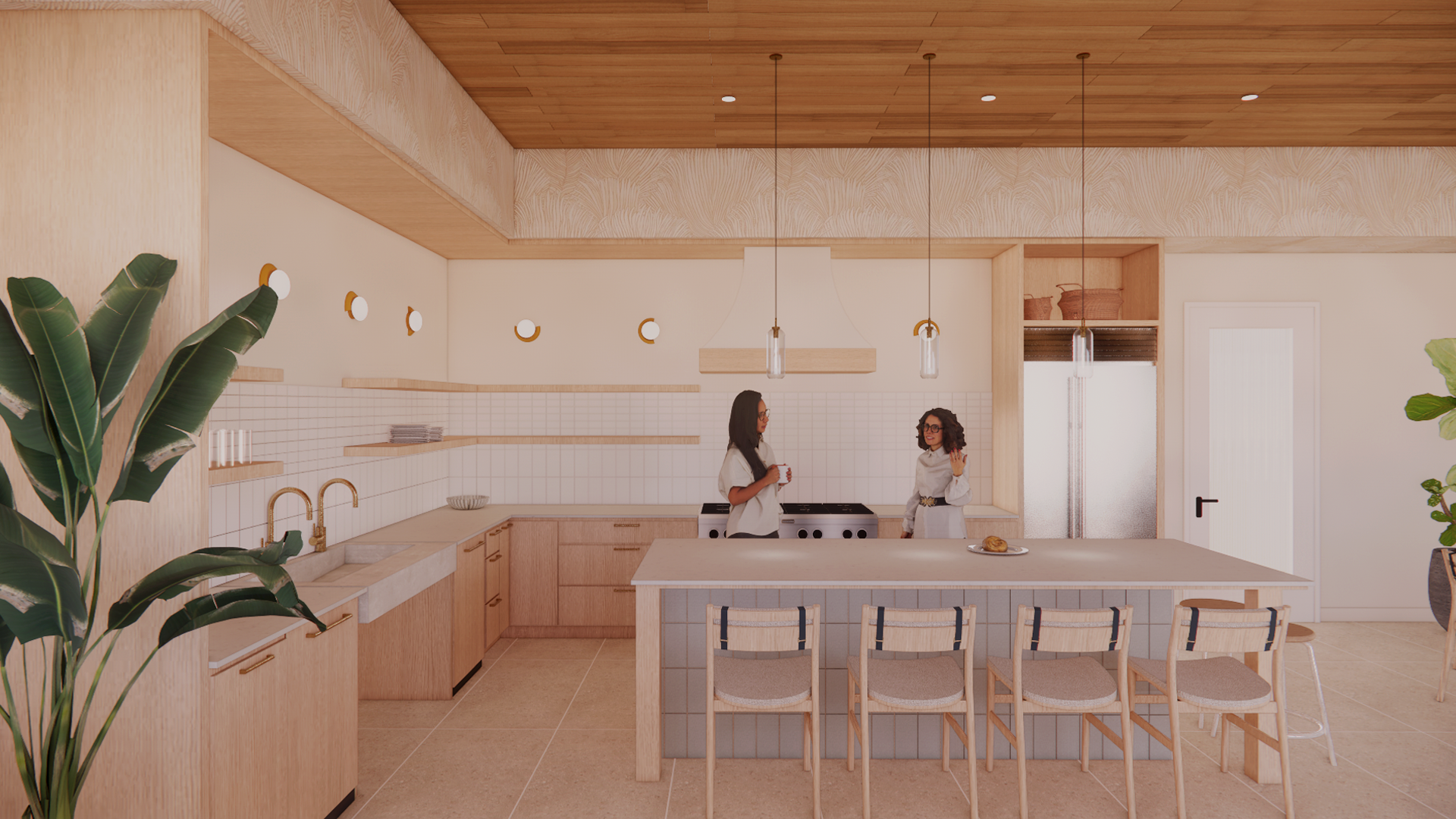 A modern kitchen with light wood cabinets, a large island with four chairs, and two women having a conversation. The kitchen has a white tiled backsplash, a white range hood, pendant lights hanging over the island, a potted plant on the left, and a door on the right.
