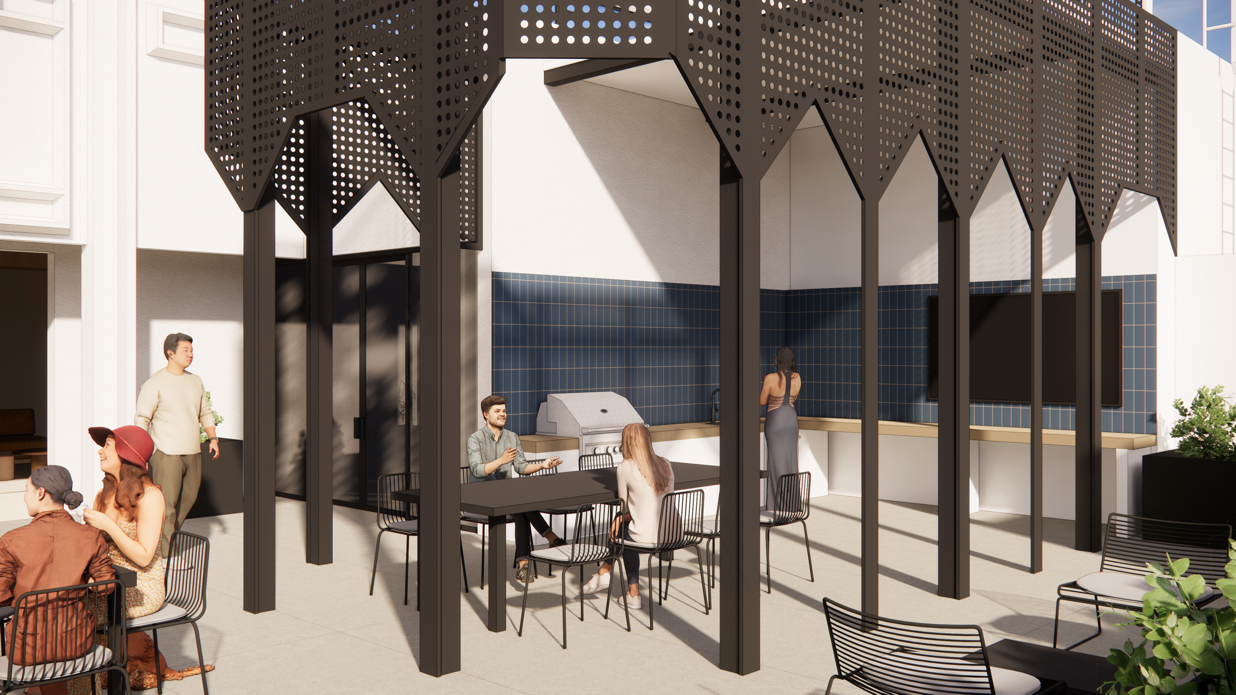 People enjoying a rooftop outdoor kitchen and dining area with black metal pergola, blue tiled backsplash, and flat screen TV