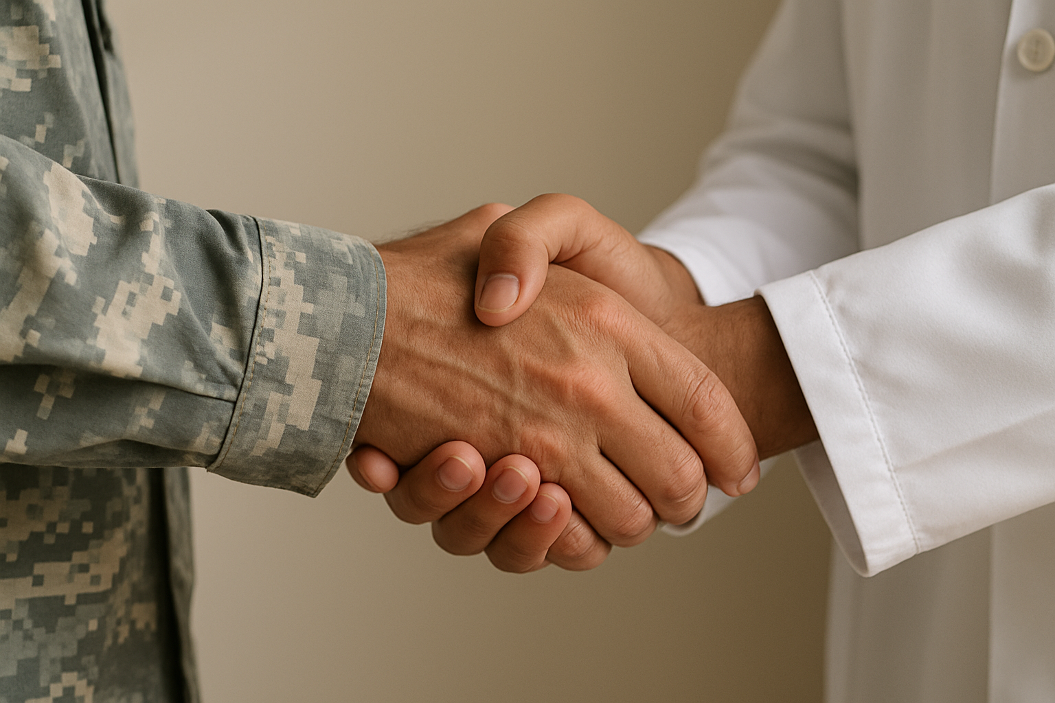 Two people, one in military camouflage uniform and the other in a white lab coat, shaking hands.