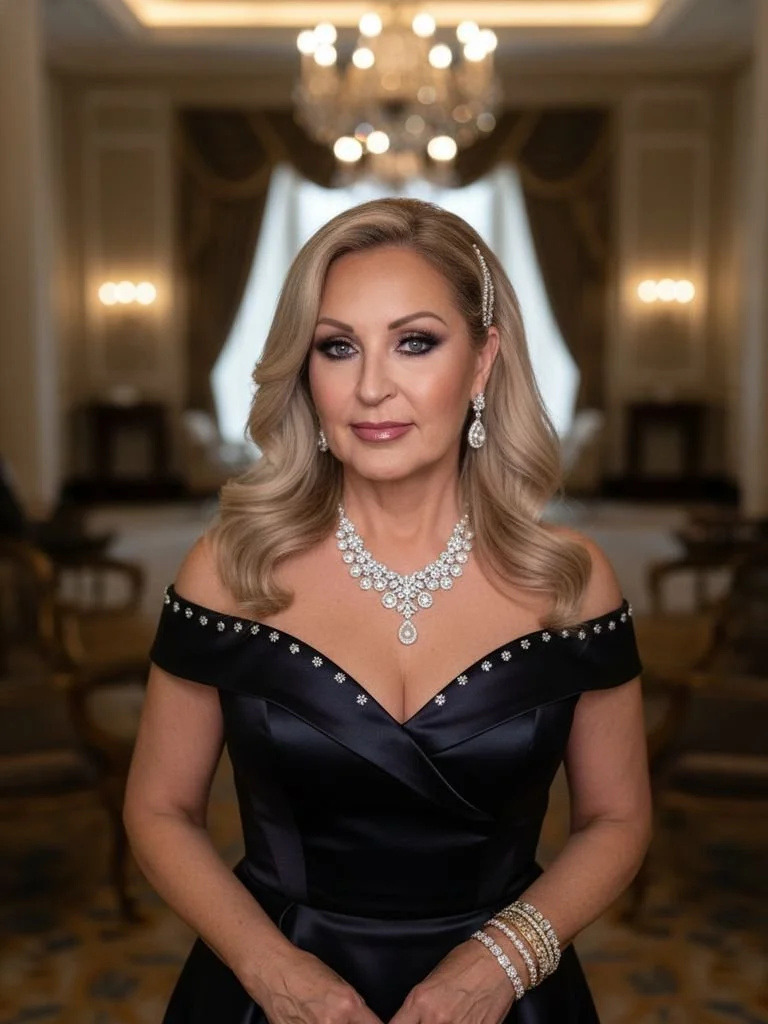 A woman with blonde hair styled in soft waves, wearing an elegant black off-the-shoulder gown with rhinestone embellishments, accessorized with a diamond necklace, matching earrings, and bracelets, standing in a luxurious room with chandelier and drapery.