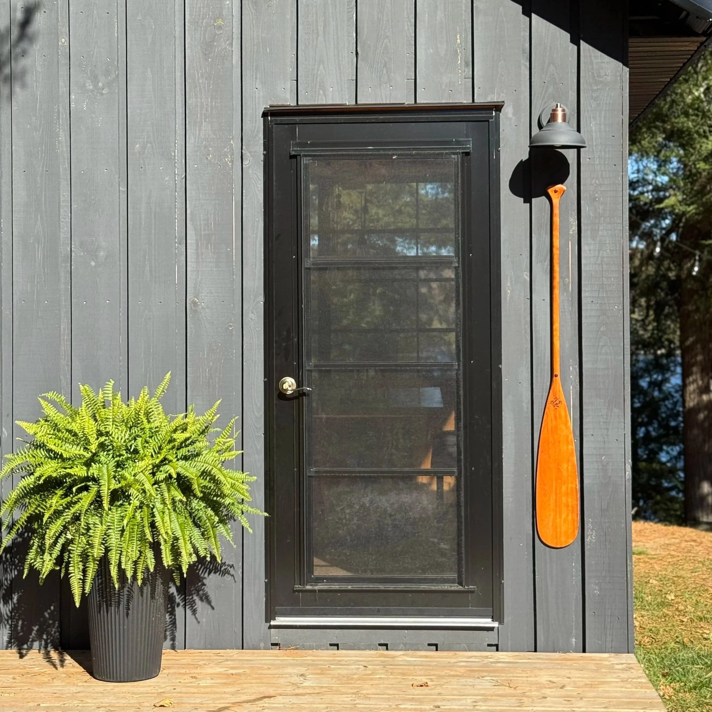 Black door with a glass panel, yellow doorknob, next to a wall-mounted outdoor light fixture with an orange canoe paddle hanging on the wall to the right, and a potted fern plant on the left.