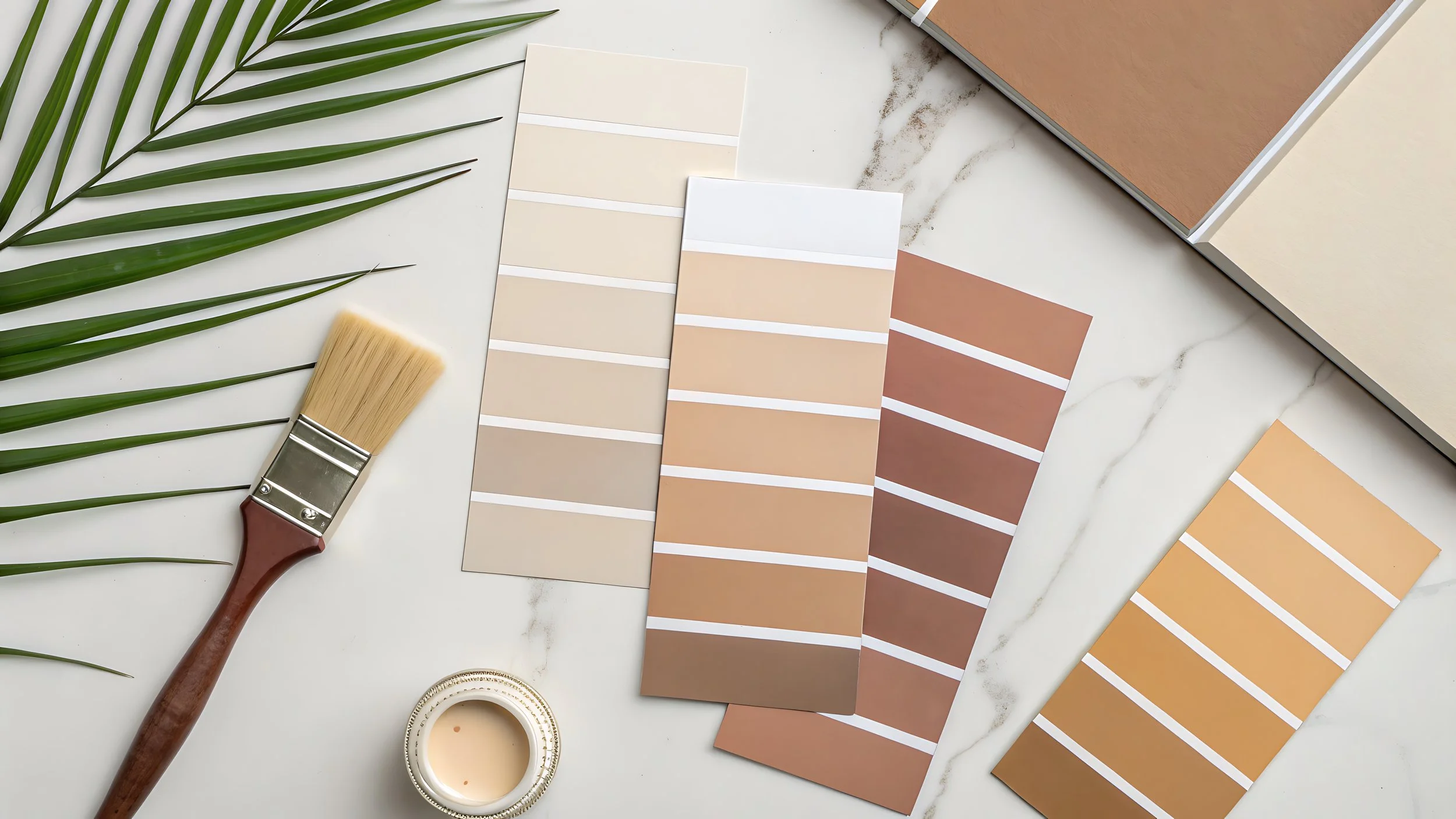 Paint color swatches, a paintbrush, and a sample container on a marble surface with a green palm leaf.