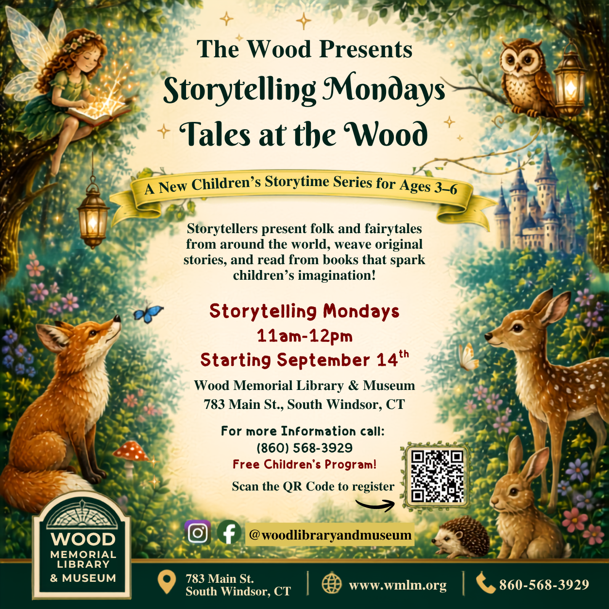 Whimsical illustrated flyer for Storytelling Mondays: Tales at the Wood, featuring a fairy reading in a tree, an owl, a fox, and forest animals.