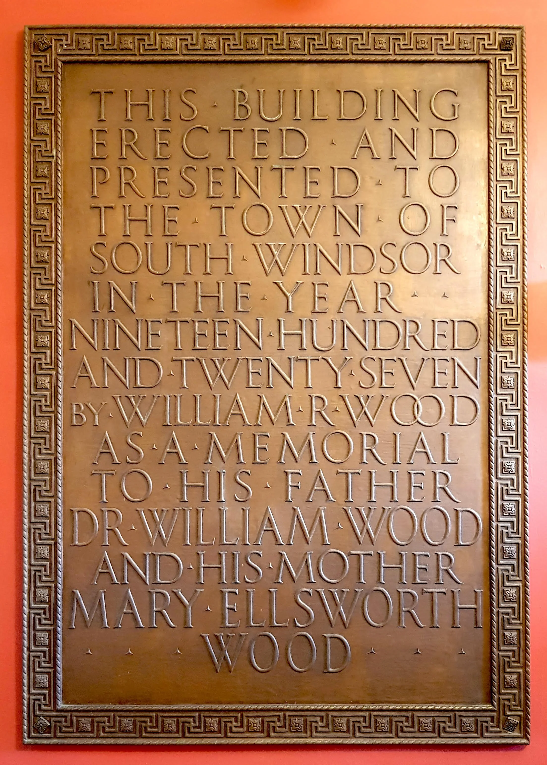 Plaque with inscription honoring William R. Wood, dedicated as a memorial by Mary Ellis Swort.