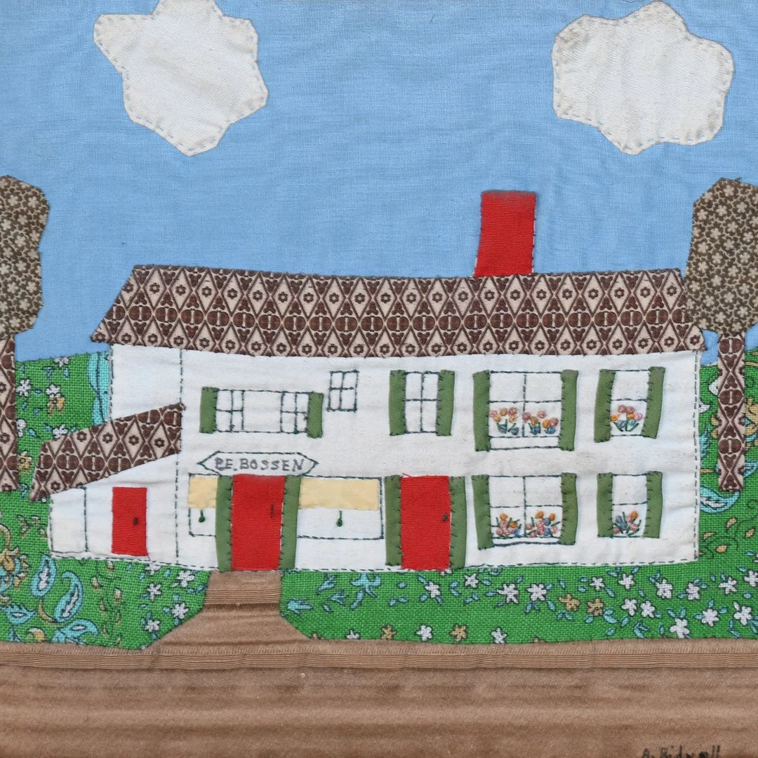 Texture artwork of a two-story house with a white facade, red door and shutters, green window shutters, and a brown patterned roof, set against a blue sky with white clouds and a green grassy lawn.