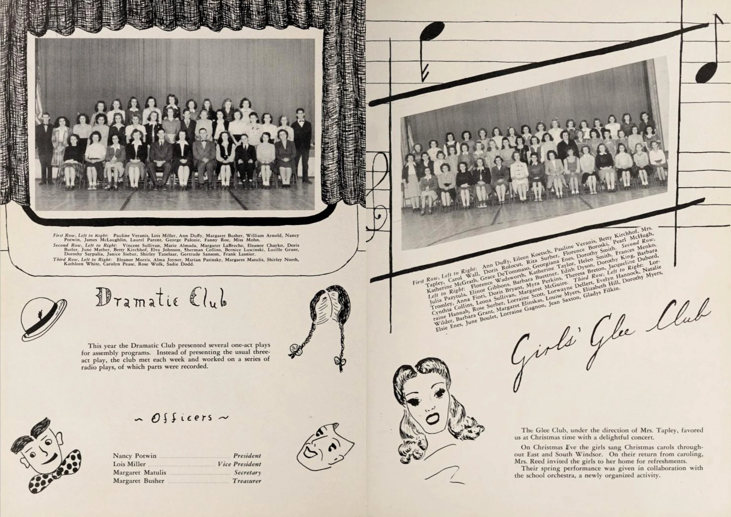 Black and white photograph of a group of people posed for a formal school or club photo, with a drawing of stage curtains and musical notes surrounding the photo.