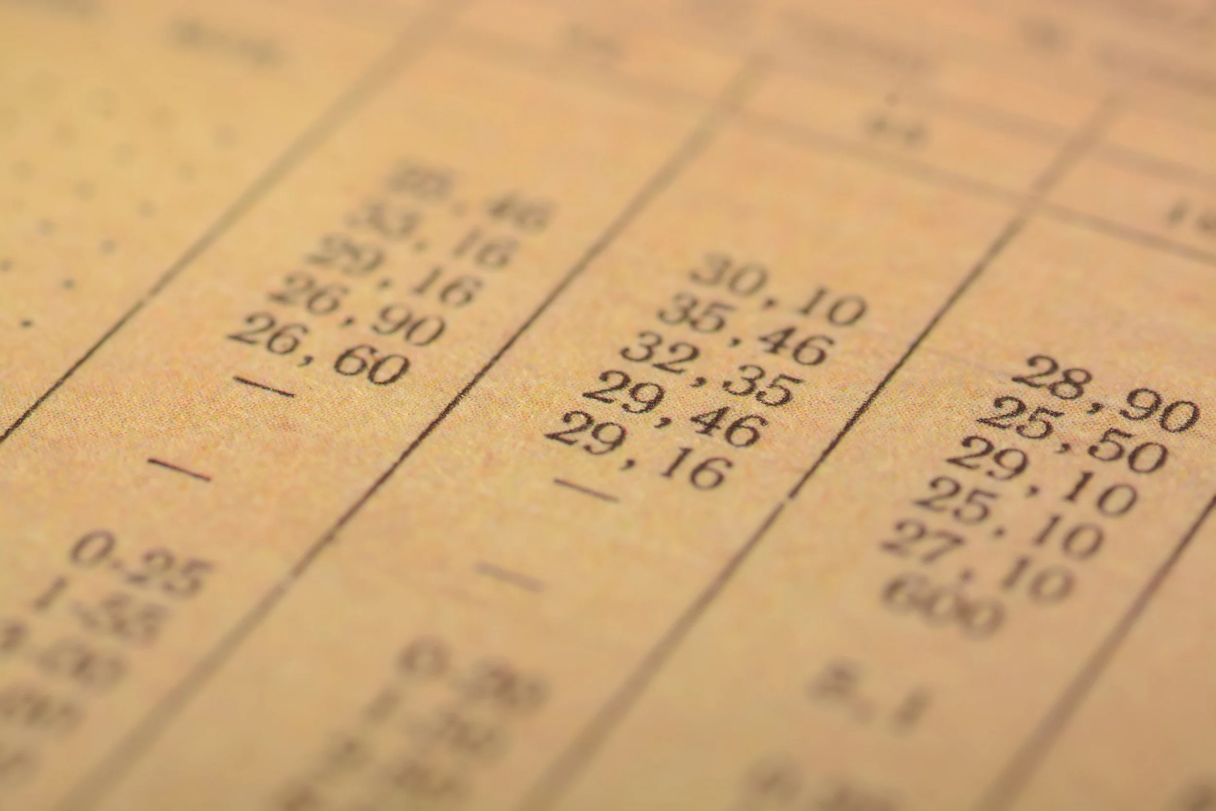 Close-up of a printed archive with rows of numbers and lines.