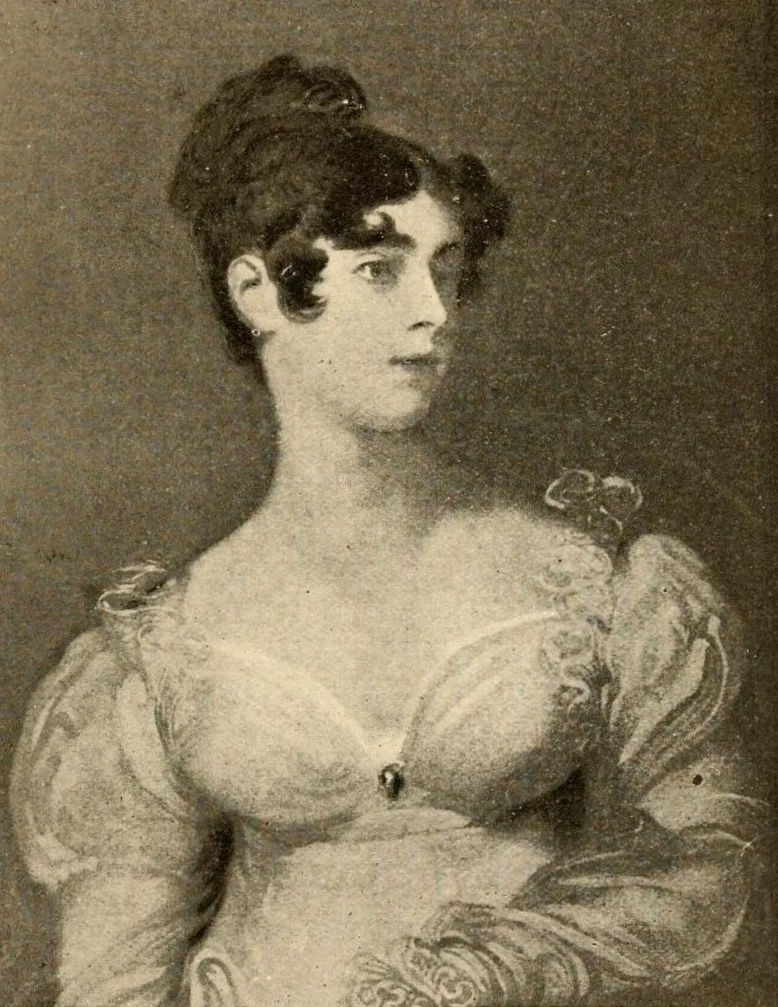 Black and white illustration of a woman with an elaborate hairstyle and a flowing dress, holding a small object in her hand.