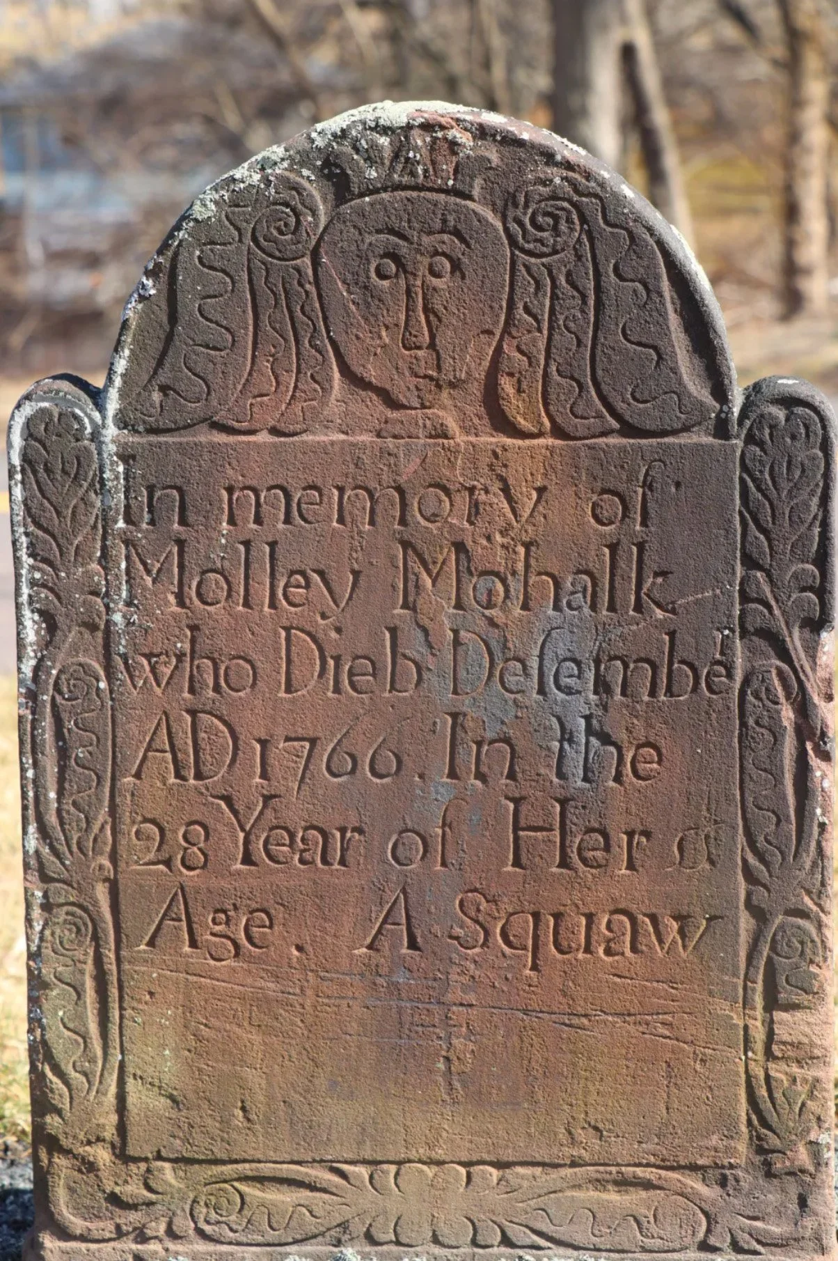 Old gravestone with carved face at the top, reading "In memory of Molley Mohalk who Died December AD 1766 in the 23 Year of Her Age A Squaw".