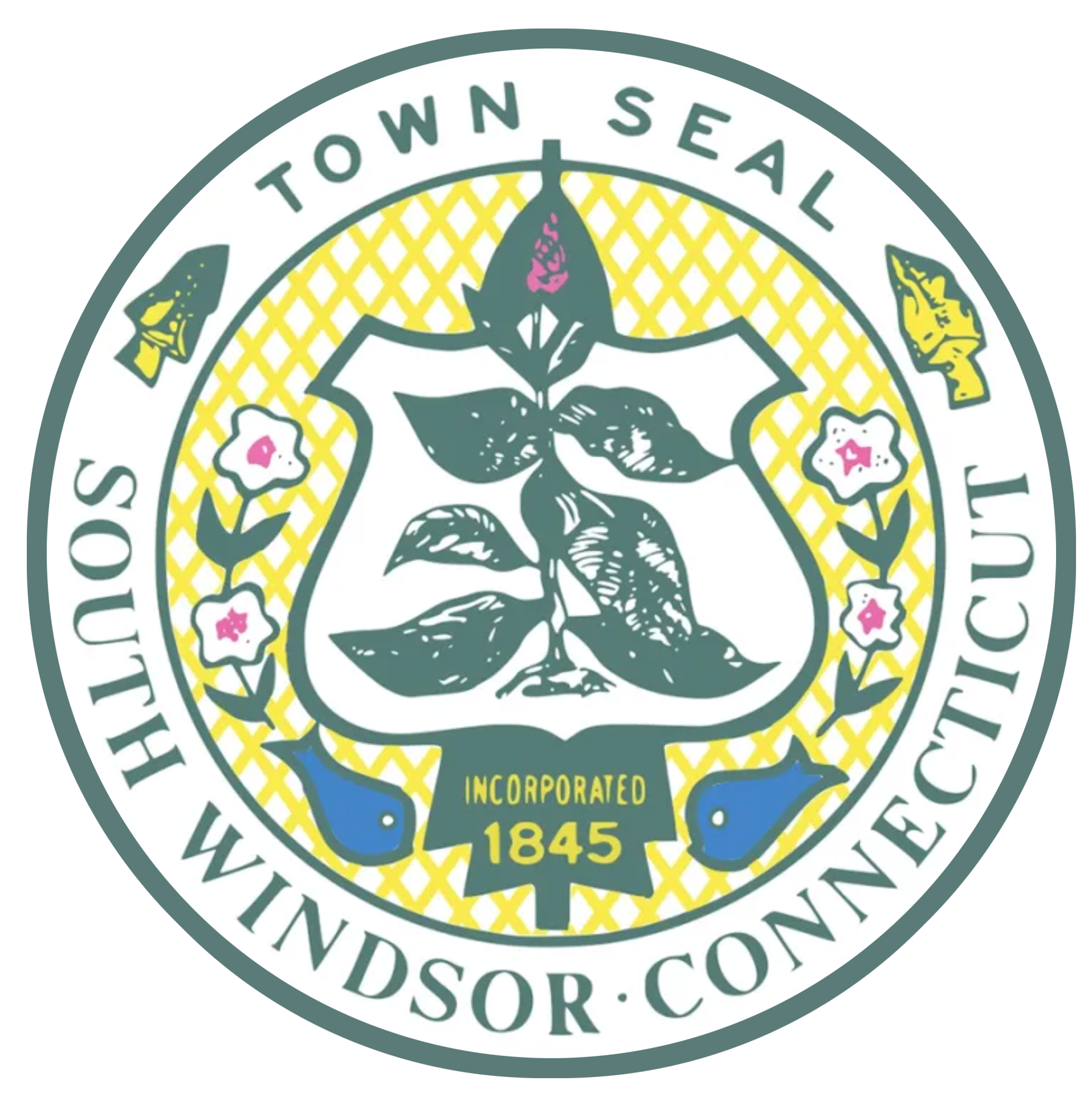Seal of the City of Wadsworth, Ohio, featuring a sheaf of wheat, flowers, and two fish, with text indicating its founding year 1845 and official website.