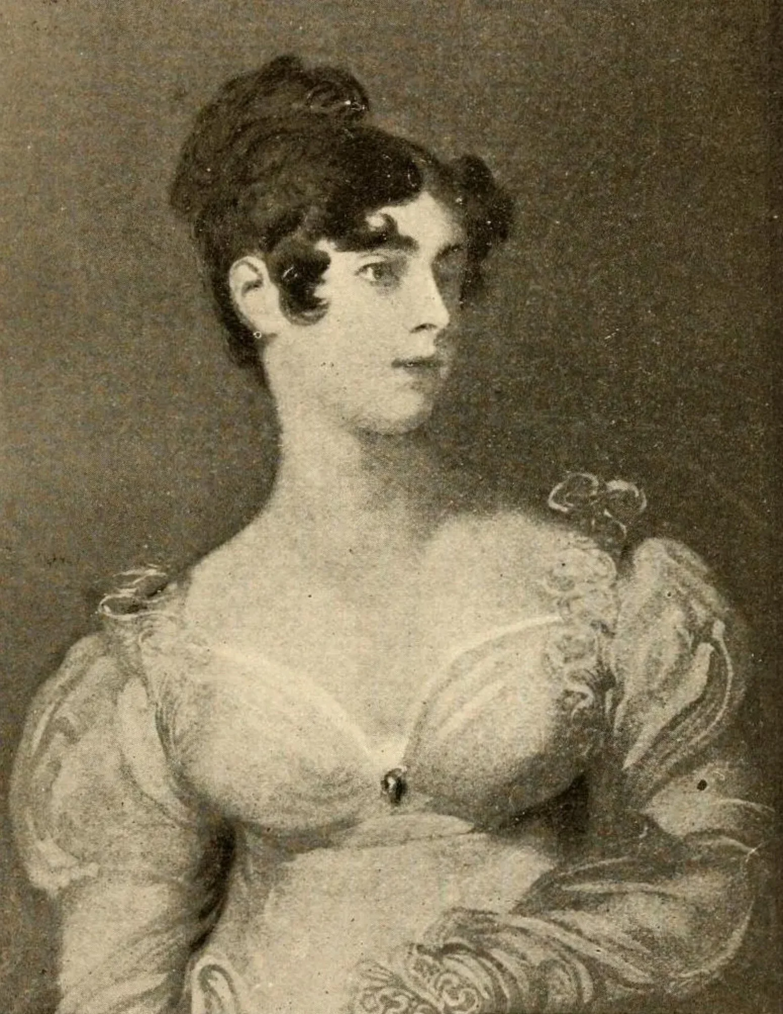 A vintage portrait of a woman with styled hair, wearing ornate clothing with decorative patterns on the sleeves, and a brooch on the shoulder.