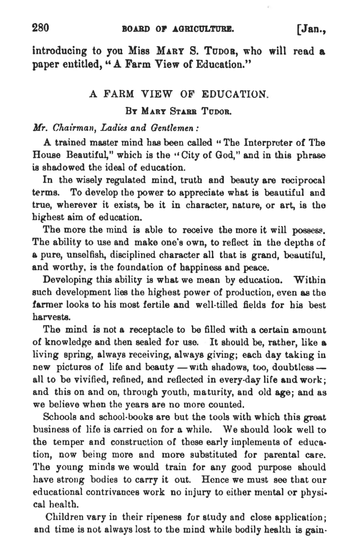 A page from an old book or manuscript titled 'A Farm View of Education.' by Mary Starr Tudor, discussing the importance of education, developing character, and the relationship between mental and physical health.