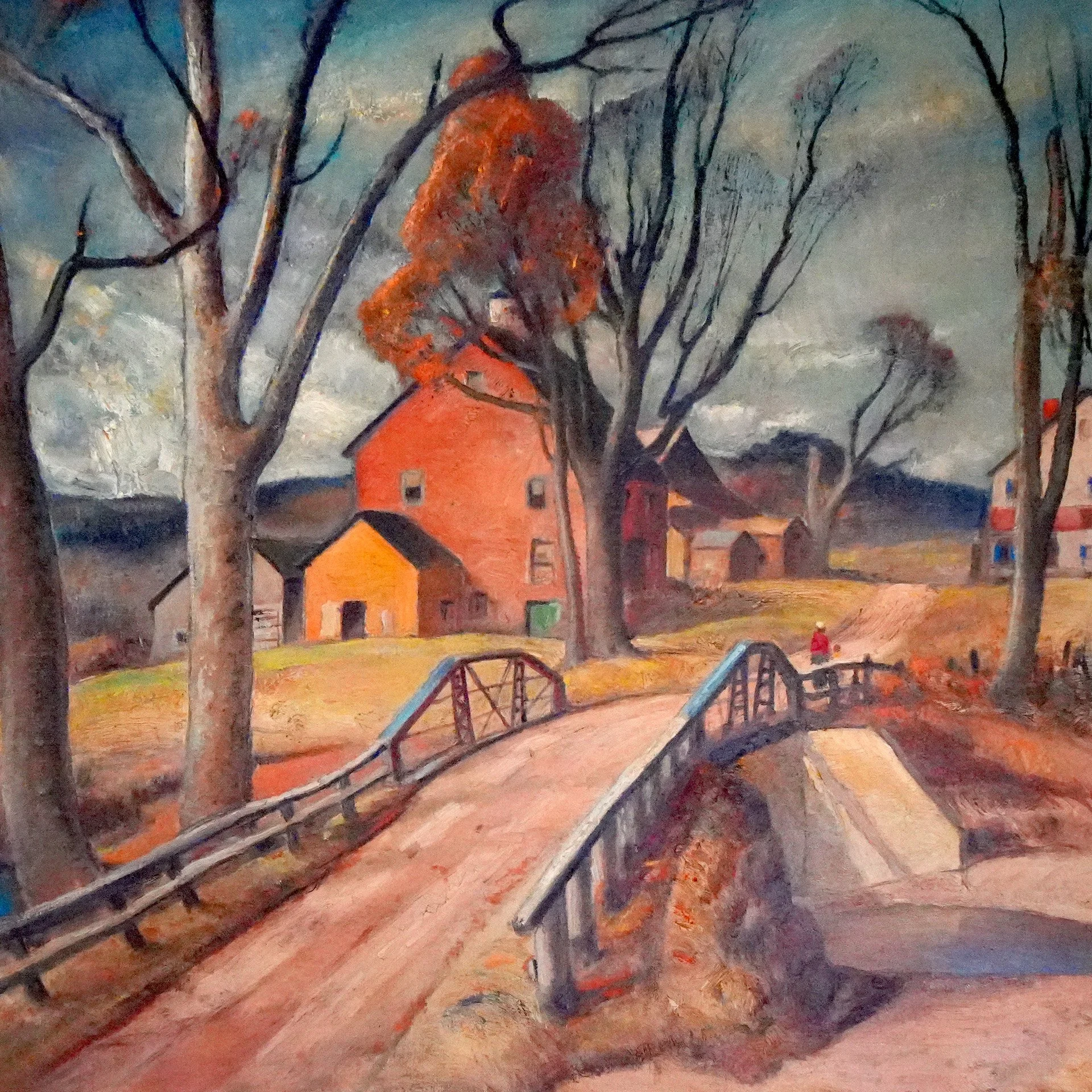 Painting of a park scene with leafless trees, houses in the background, a bridge in the foreground, and a person walking.
