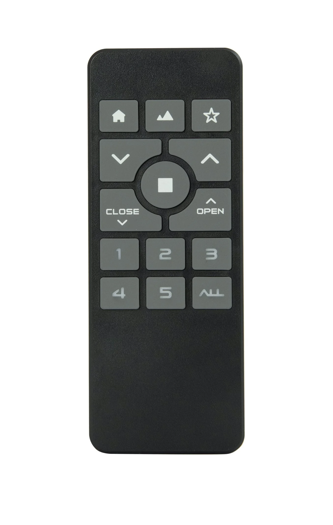 Black remote control with gray buttons.