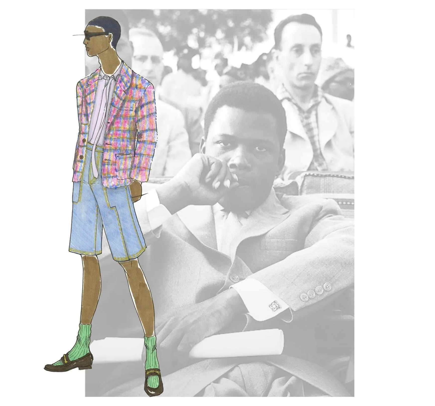 Menswear Fashion illustration of a black ivy look with a mohair blazer and denim shorts with socks and horsebit loafers