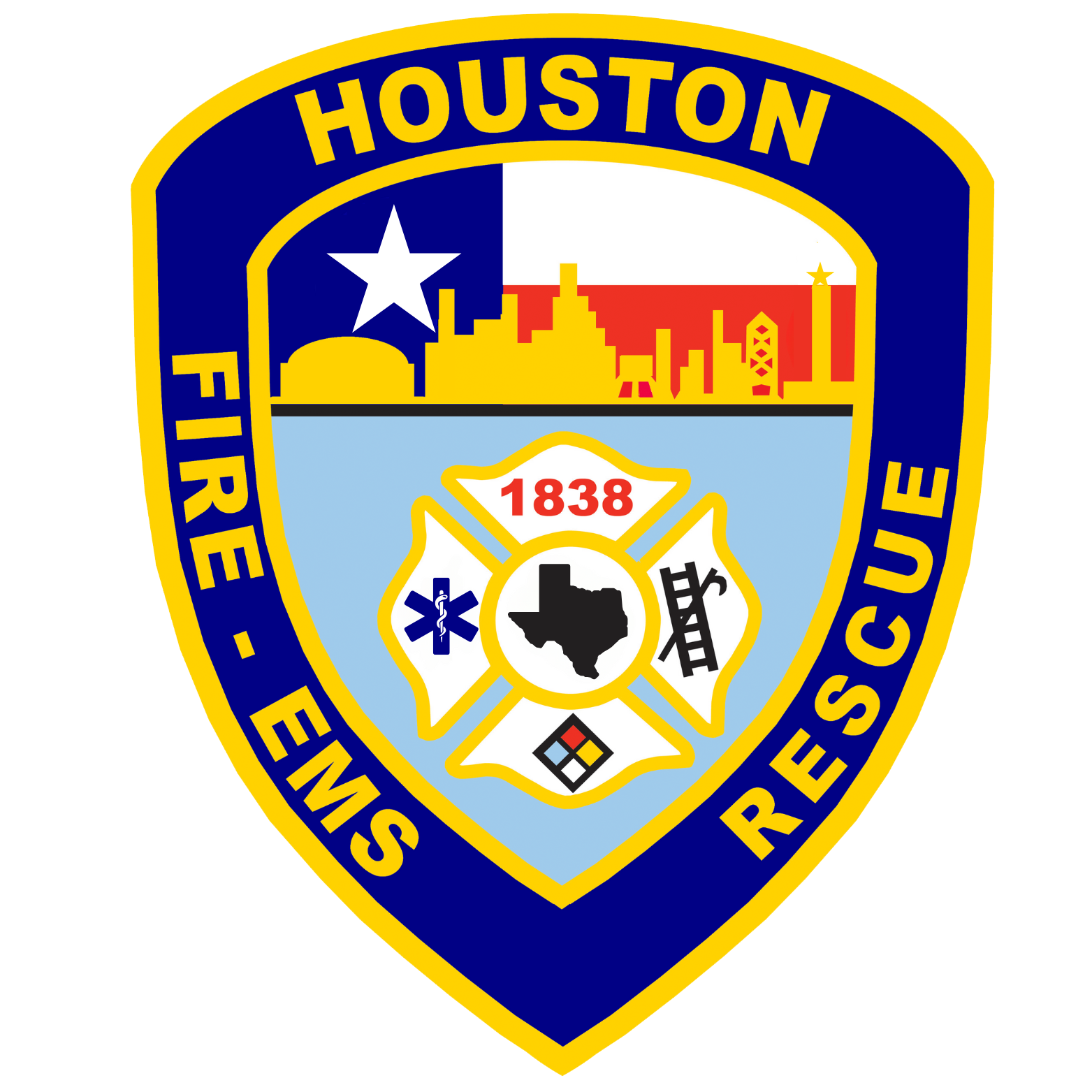 Houston Fire Department badge with city skyline, Texas state outline, and firefighting symbols.