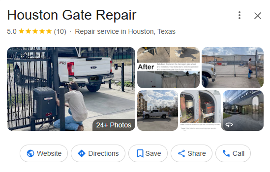 Collage of images showing a gate repair service, including a worker fixing the gate, a close-up of a gate mechanism, and various gate types and locations in Houston, Texas.