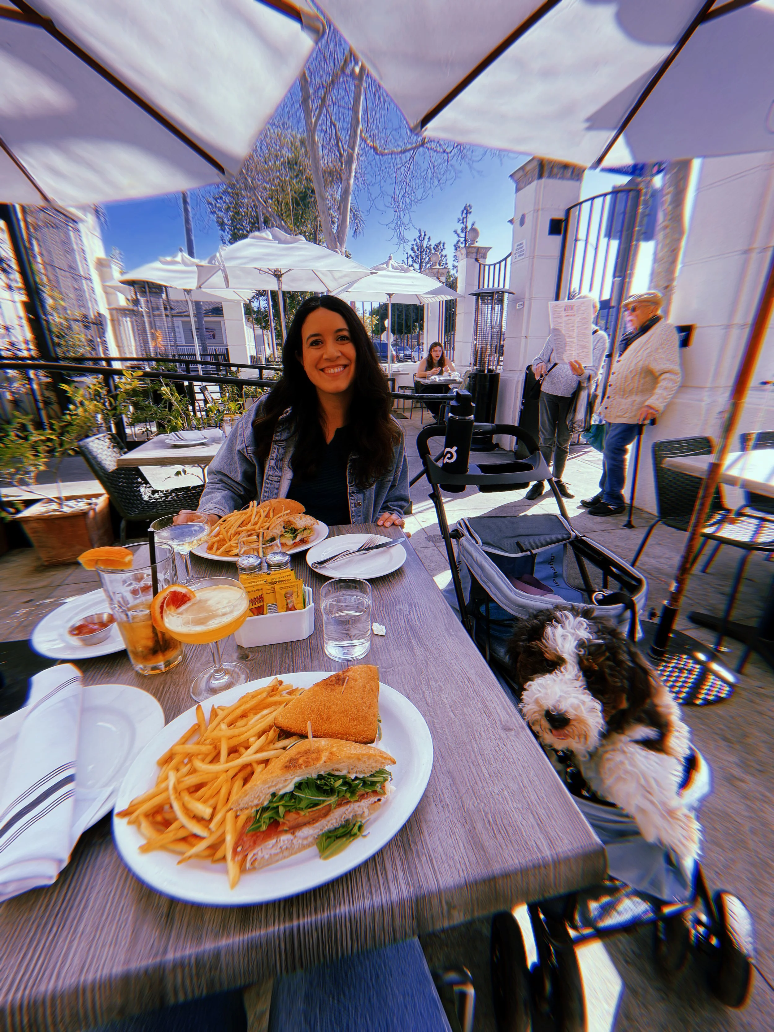 A woman sitting at an outdoor restaurant table with a dog in a stroller next to her, smiling and enjoying a meal with sandwiches, fries, and drinks, under white umbrellas on a sunny day.