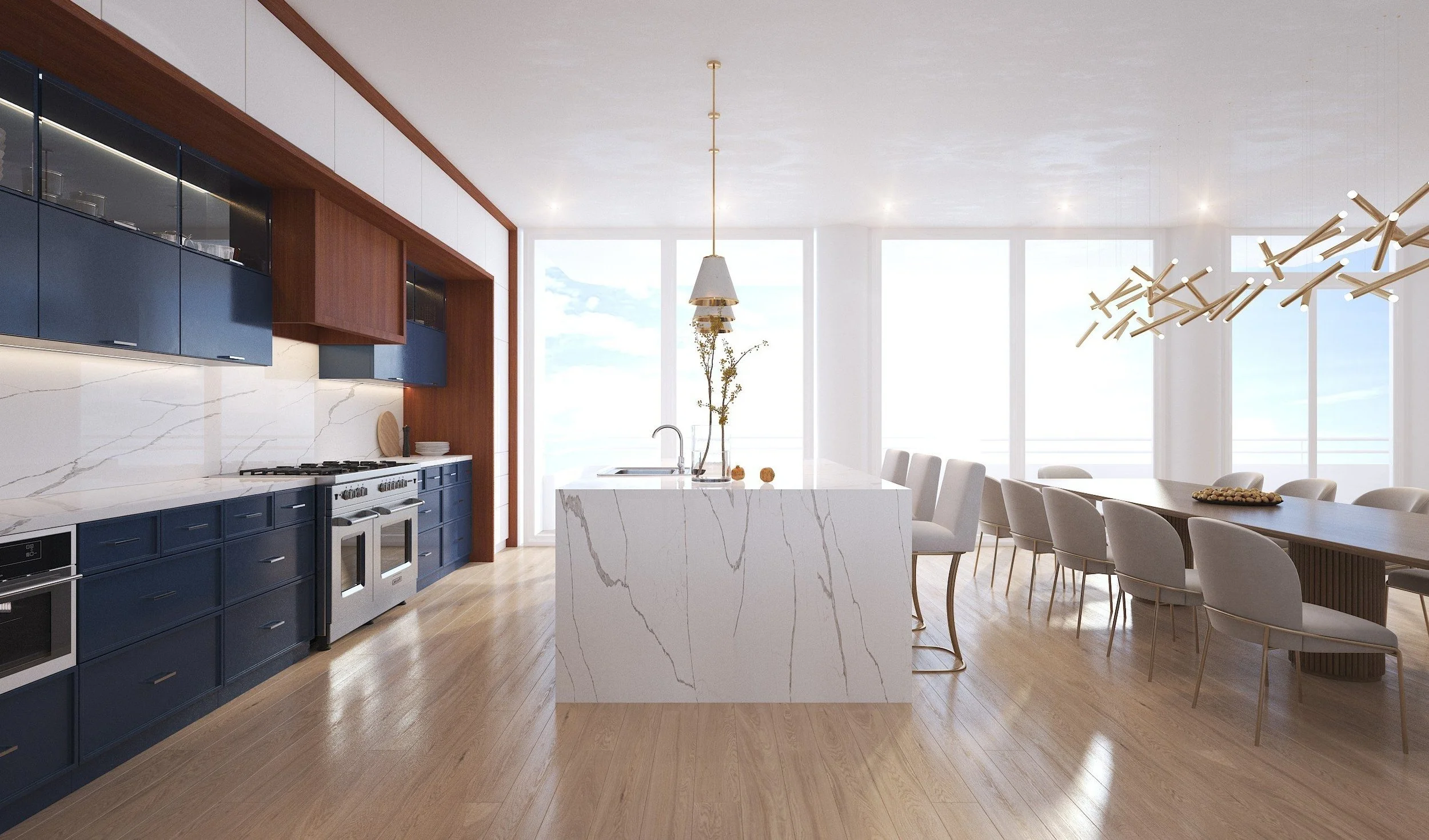 Modern kitchen and dining area with large windows, blue cabinets, white marble backsplash, island, and a dining table with chairs