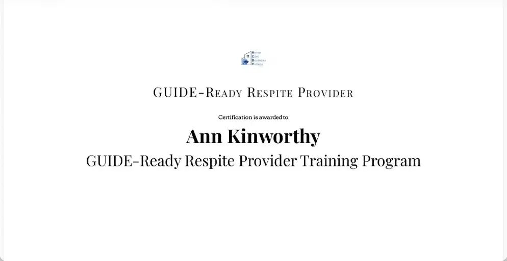 Ann Kinworthy Second Mile Home Care GUIDE Ready Respite Provider Certificate