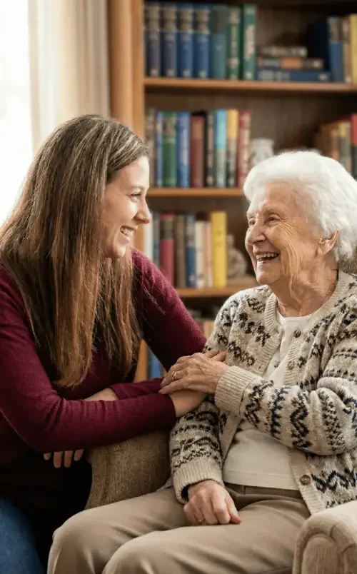 Young woman with elderly lady, both smiling