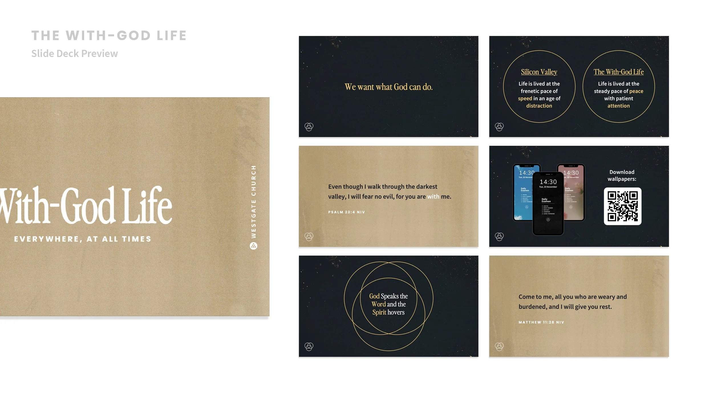 A slide deck preview titled 'The With-God Life' with various slides featuring inspirational religious quotes, Bible verses, and information about wallpapers for download, incorporating a beige and dark blue color scheme with gold accents.