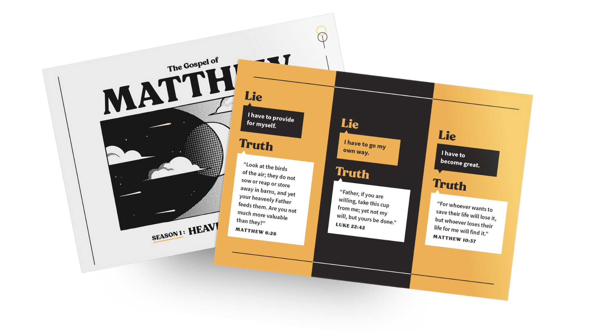 Image of a Bible study guide titled 'The Gospel of Matthew' with a black and white cover. Overlapping the guide is a card with three sections labeled 'Lie,' 'Truth,' each containing a quote from the Bible, and a small Bible verse reference at the bottom of each section.