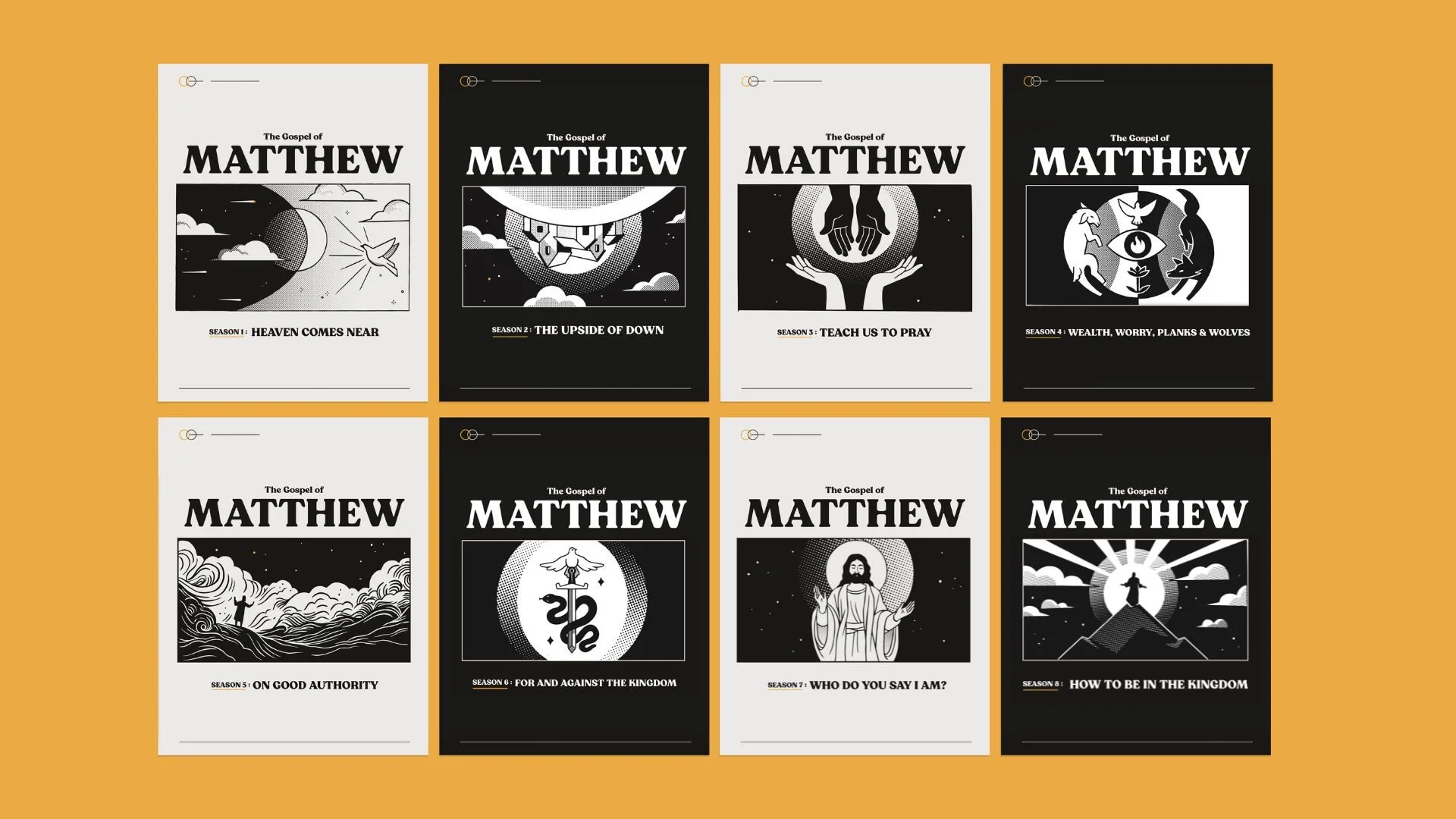 Collection of eight black and white posters for the Gospel of Matthew, each representing a different season with illustrations and titles, set against a mustard yellow background.