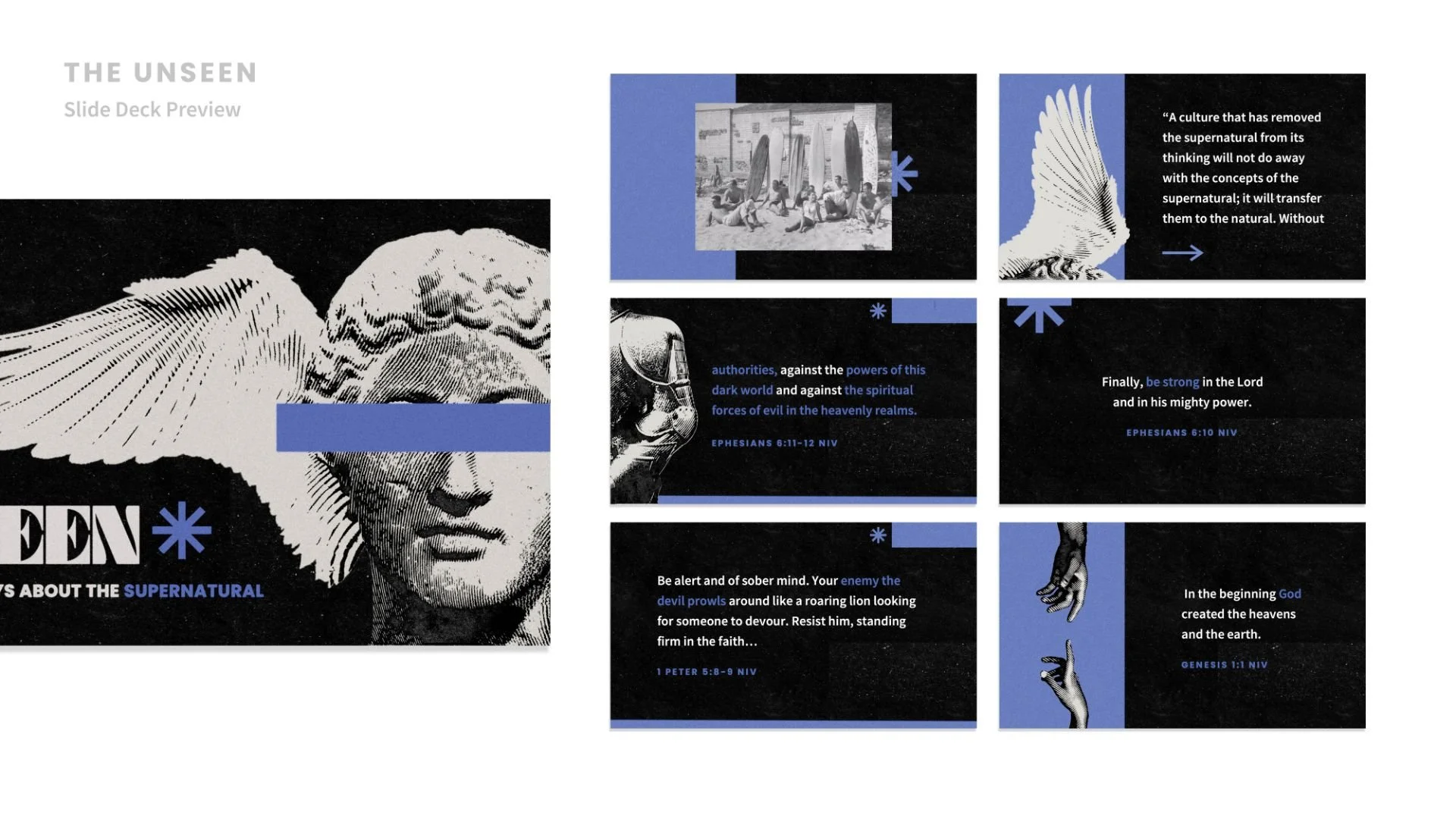 Slide deck preview titled 'The Unseen' with a black and white angel statue illustration, featuring blue and black text and images about the supernatural, spiritual forces, and biblical references, with various images and quotes.