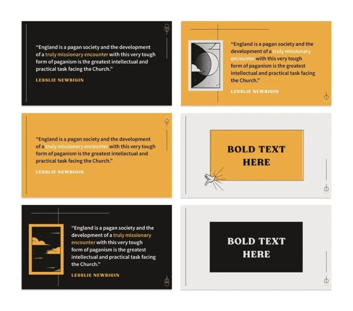 A grid of six design template slides. The top row contains quote slides with black and orange backgrounds, one featuring an abstract moon and star image. The middle row has a quote slide and a slide with bold text placeholder. The bottom row contains a quote slide with a moon and cloud illustration and a blank bold text slide with a black background.