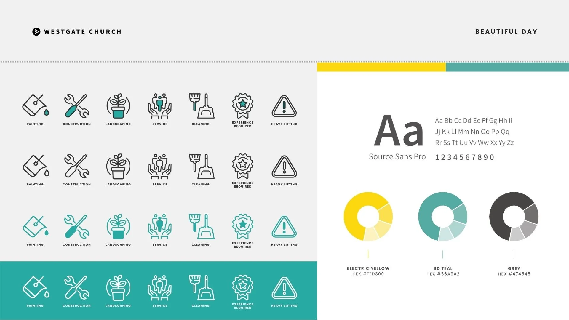 BRAND DEVELOPMENT -  Where the logo and general brand identity was designed before I joined the team, I helped to develop and elevate what was previously established. This included icon sets to represent the type of work included in the Beautiful Day