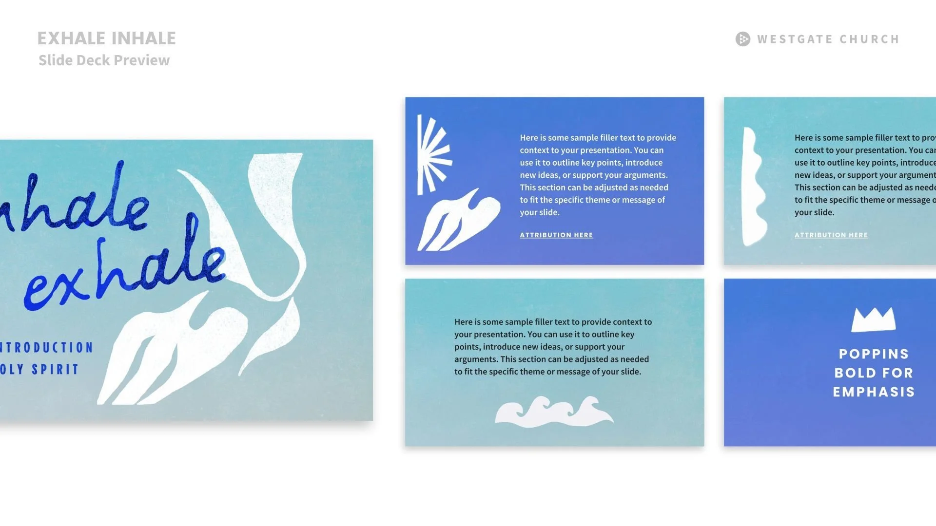 A series of presentation slides with a spiritual theme. The slides have various blue and teal backgrounds with white graphics representing fire, waves, and a crown, and contain placeholder text about breathing and highlighting key points.