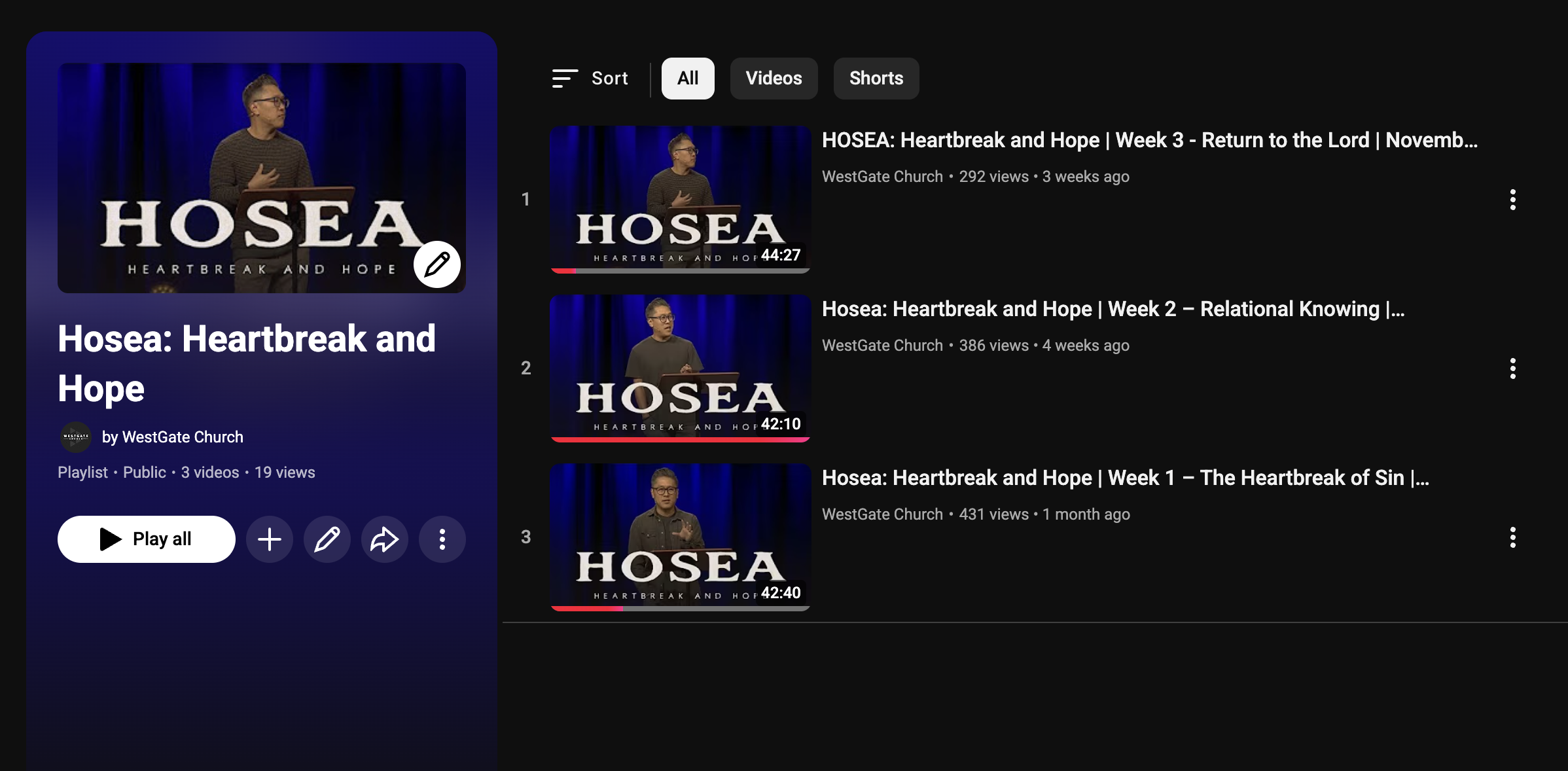 YouTube playlist for 'Hosea: Heartbreak and Hope' by WestGate Church, featuring three videos of a speaker on stage with blue curtains, each with the title and duration.