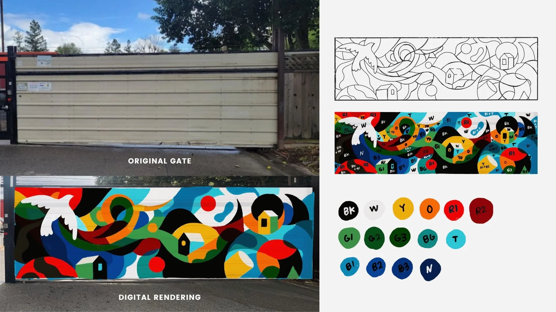 Colorful abstract mural on a large outdoor gate, featuring swirling shapes, small houses, and a white bird, alongside a color palette key.