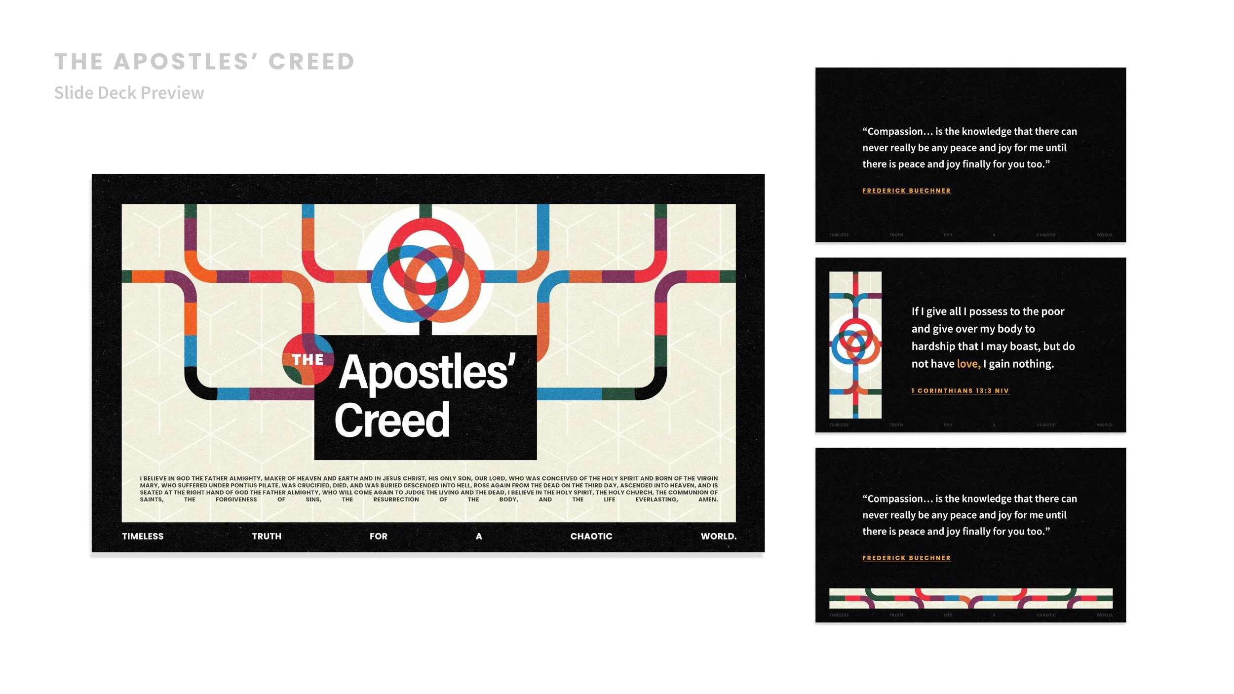 A presentation slide titled "The Apostles' Creed" with a graphical design of multicolored interconnected lines and circles. The slide includes the first part of the creed with a paragraph of text at the bottom, and three smaller slides to the right w