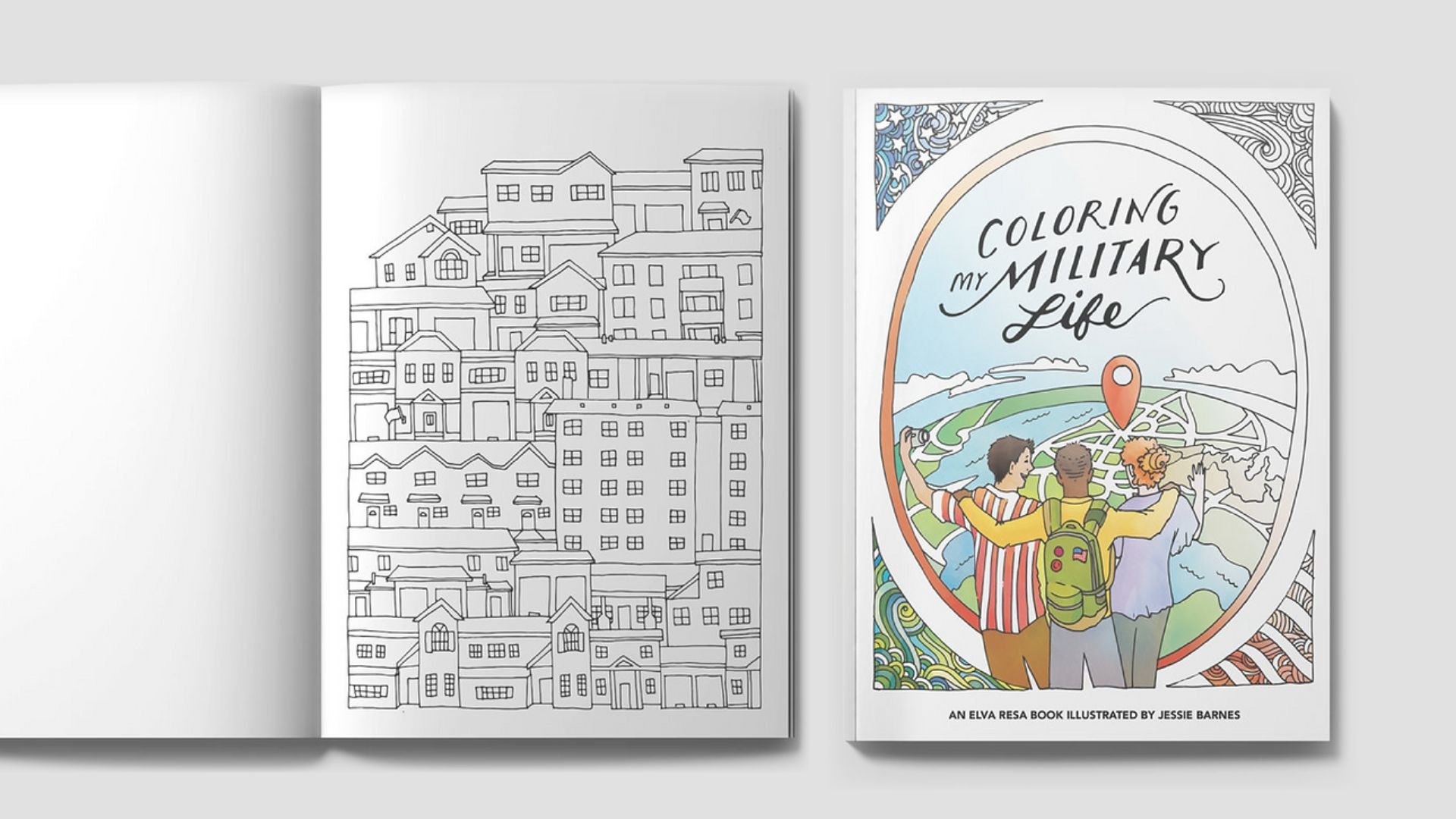Coloring book titled "Coloring My Military Life" featuring a cover illustration of three friends with backpacks overlooking a landscape with a looped road, river, and trees, with a pin marker in the background.