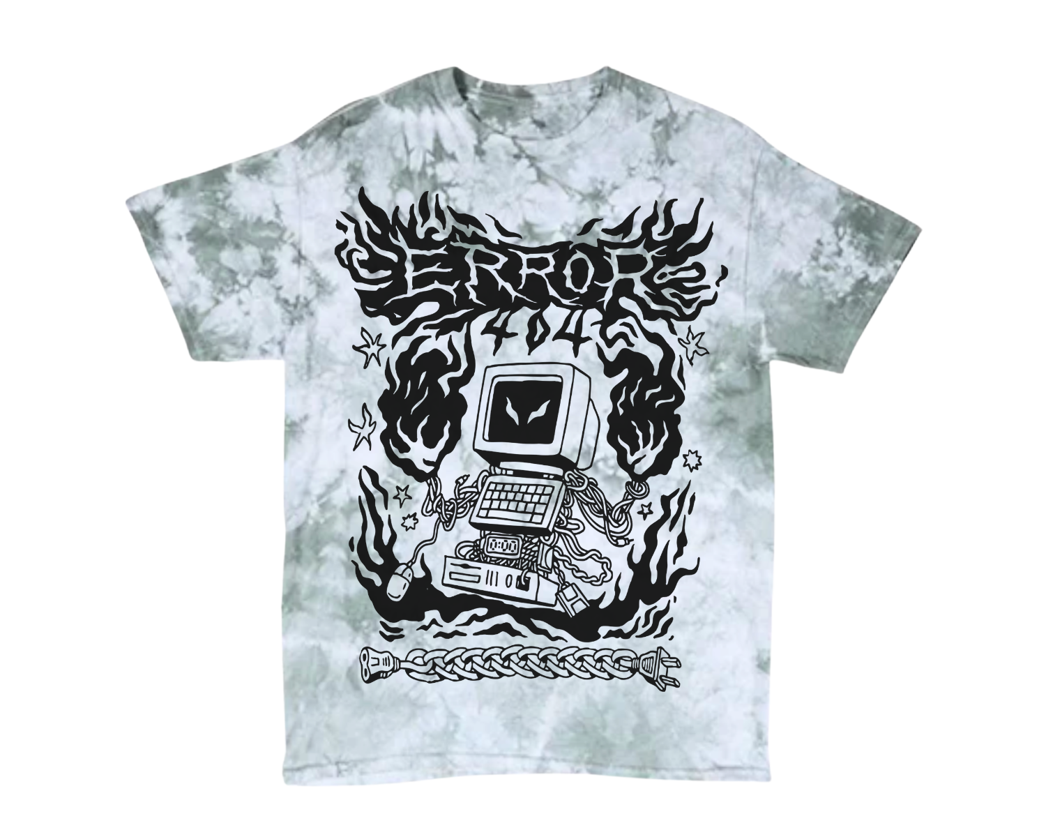 Tie-dye T-shirt featuring black graphic design of a retro computer with a creepy face, surrounded by flames and Star-shaped stars
