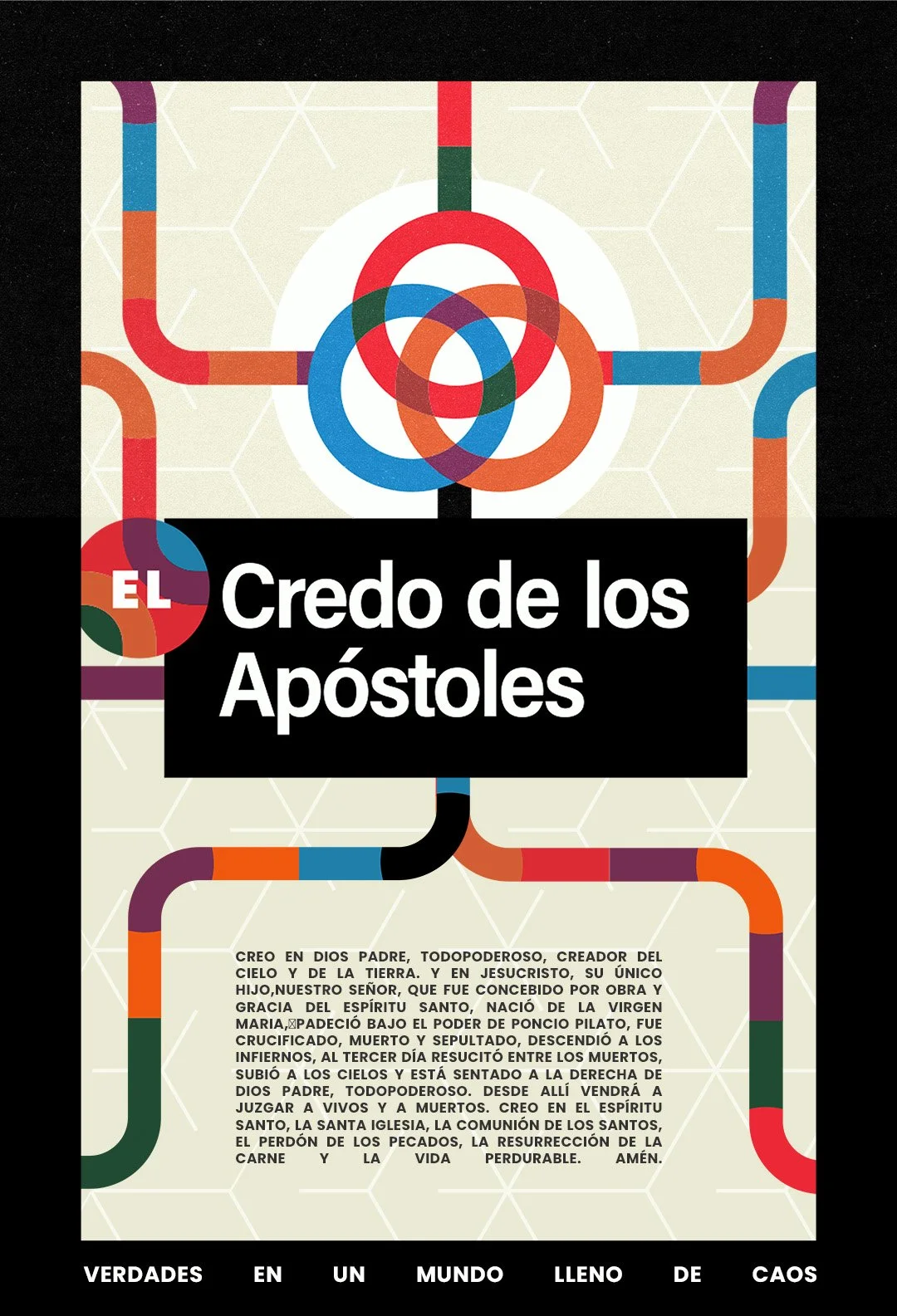 Book cover for "El Credo de los Apóstoles" with a colorful abstract design including interconnected circles and pipes, and a Latin prayer at the bottom.