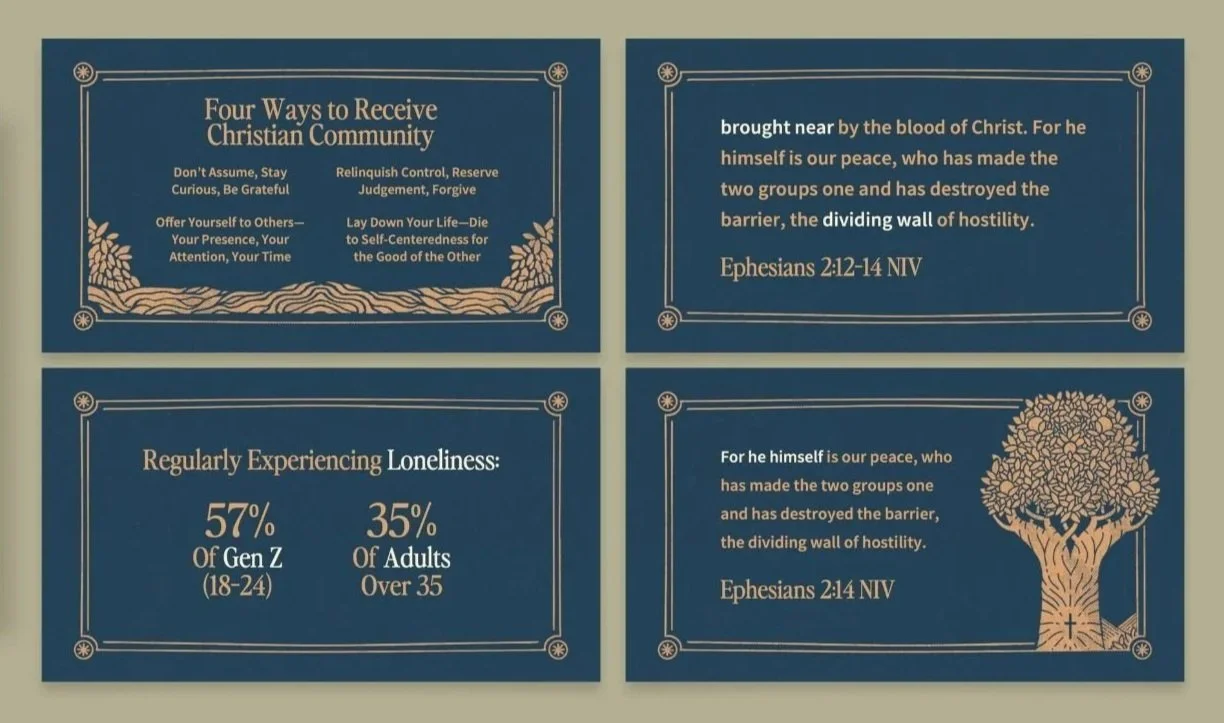 Image featuring four informational panels with a dark blue background and gold accents. The first panel lists four ways to receive the Christian community, such as staying curious and forgiving. The second panel quotes Ephesians 2:12-14 about Christ removing hostility. The third panel discusses experiencing loneliness among different age groups, with statistics. The fourth panel repeats the biblical message about Christ making peace and removing hostility, accompanied by an illustration of a stylized tree with roots.
