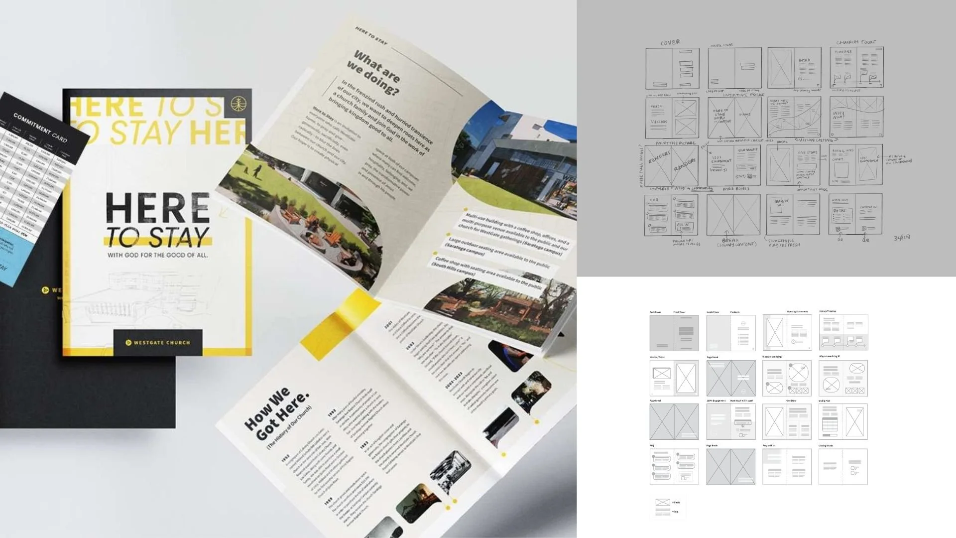 BOOKLET DESIGN + STRUCTURE -  These early sketches show the foundational planning for the Here to Stay booklet. I mapped out content structure, visual pacing, and key messaging before moving into full design, ensuring the final piece felt both clear 